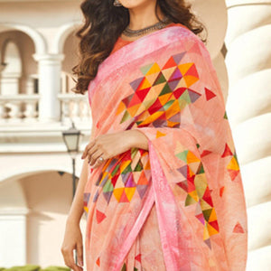 Capricious Peach Colored Casual Wear Printed Linen - Cotton Saree