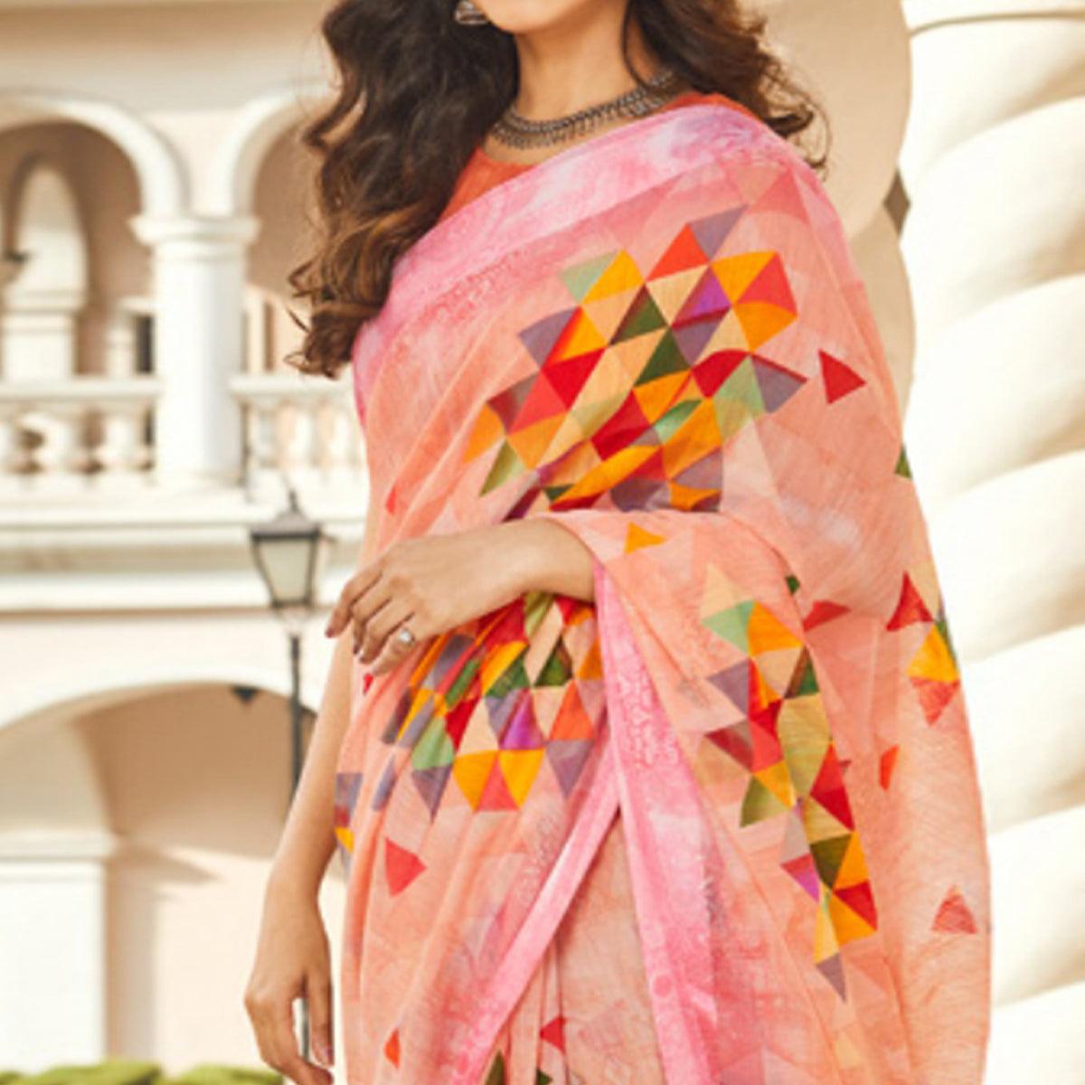 Capricious Peach Colored Casual Wear Printed Linen - Cotton Saree