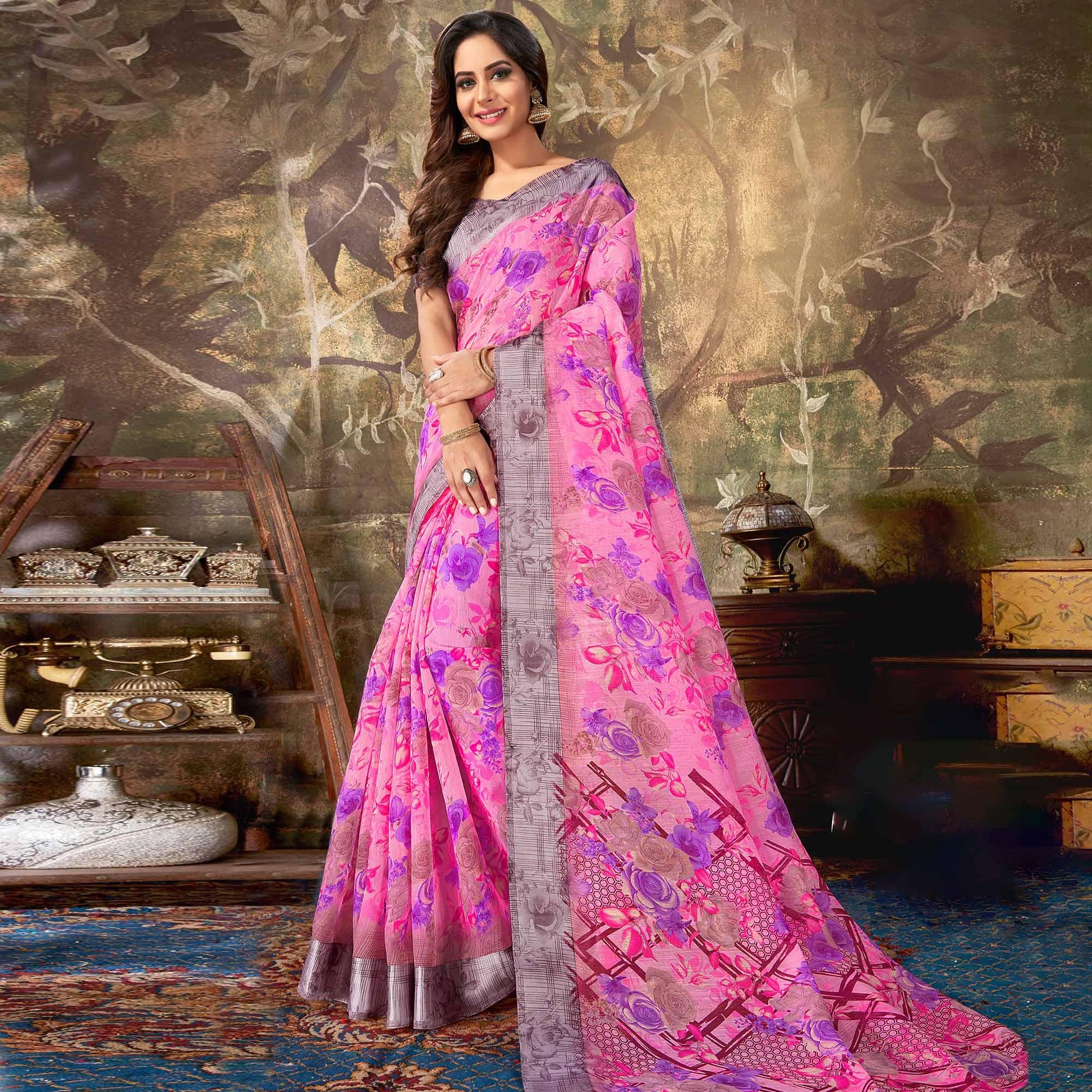 Capricious Pink Colored Casual Wear Floral Printed Cotton Saree
