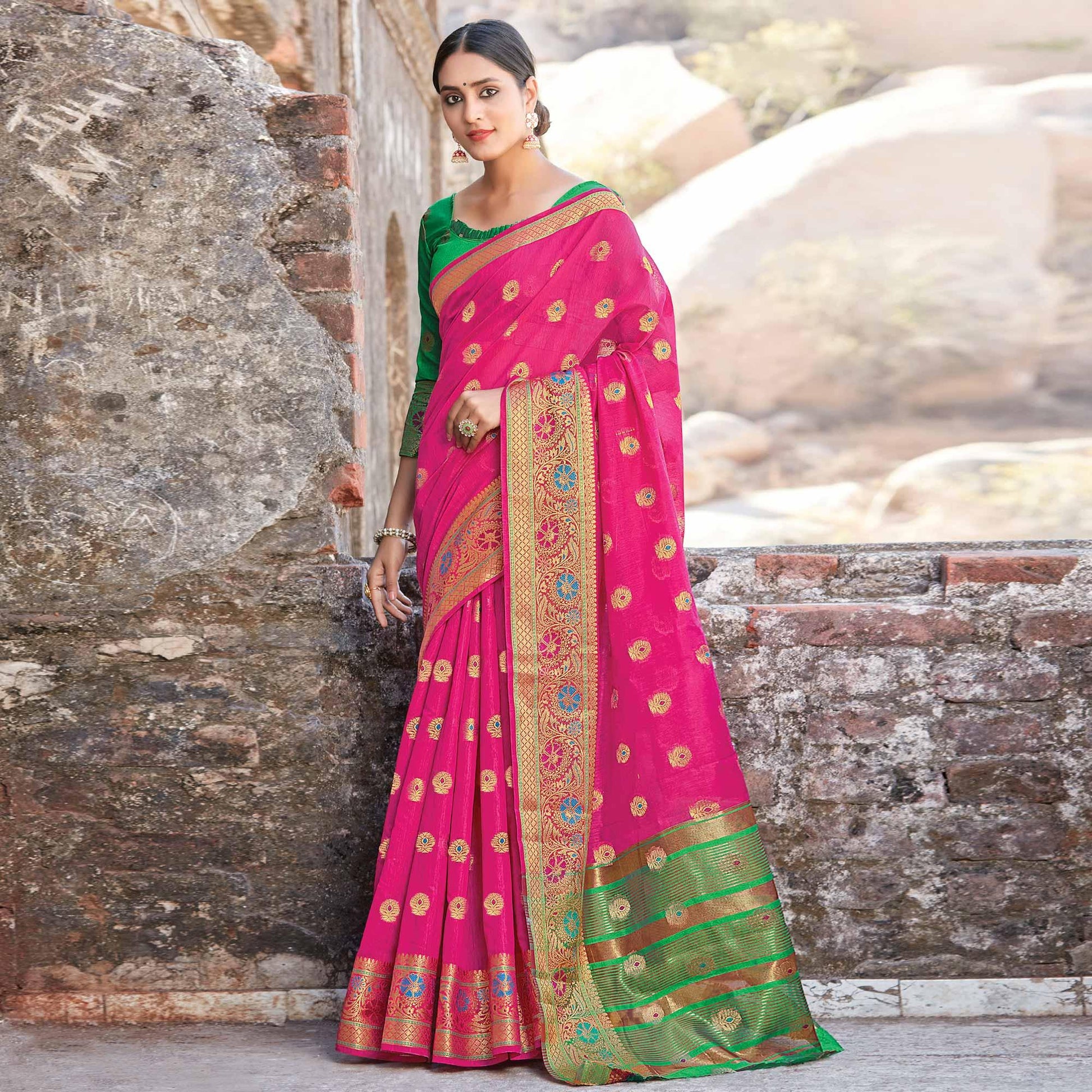 Capricious Pink Colored Festive Wear Woven Cotton Handloom Saree