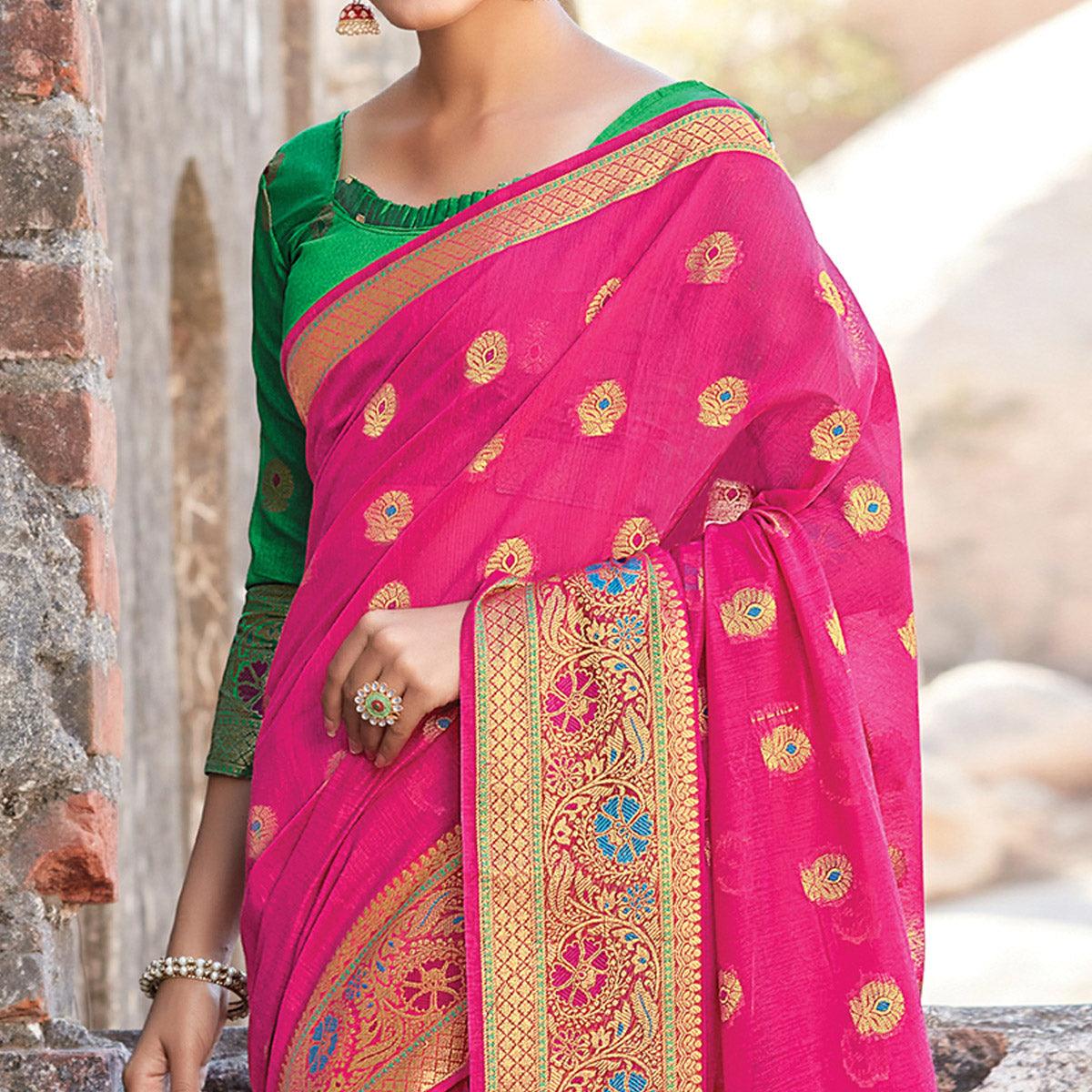 Capricious Pink Colored Festive Wear Woven Cotton Handloom Saree