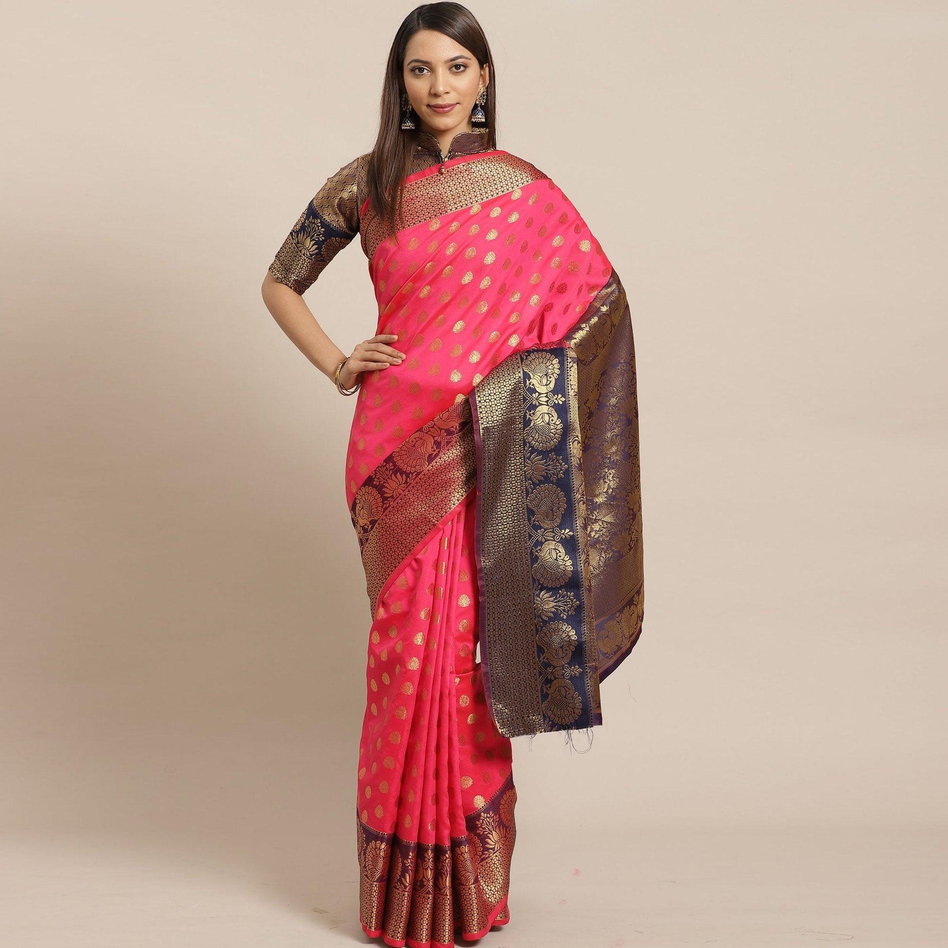 Capricious Pink Colored Festive Wear Woven Silk Blend Saree