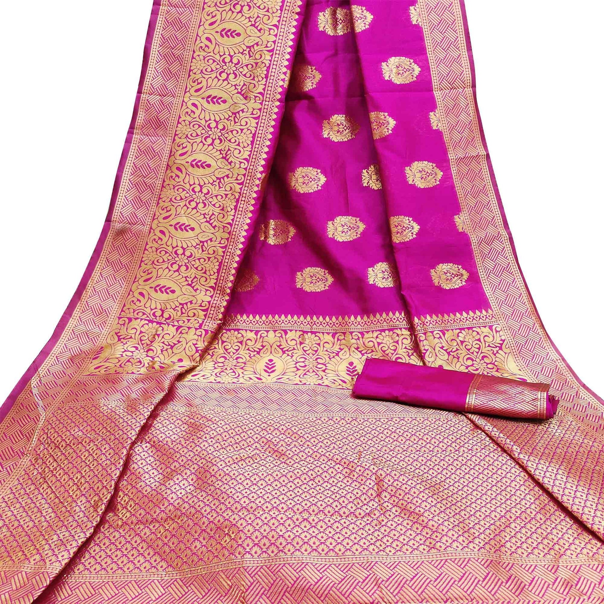 Capricious Rani Pink Colored Festive Wear Woven Litchi Jacquard Silk Saree