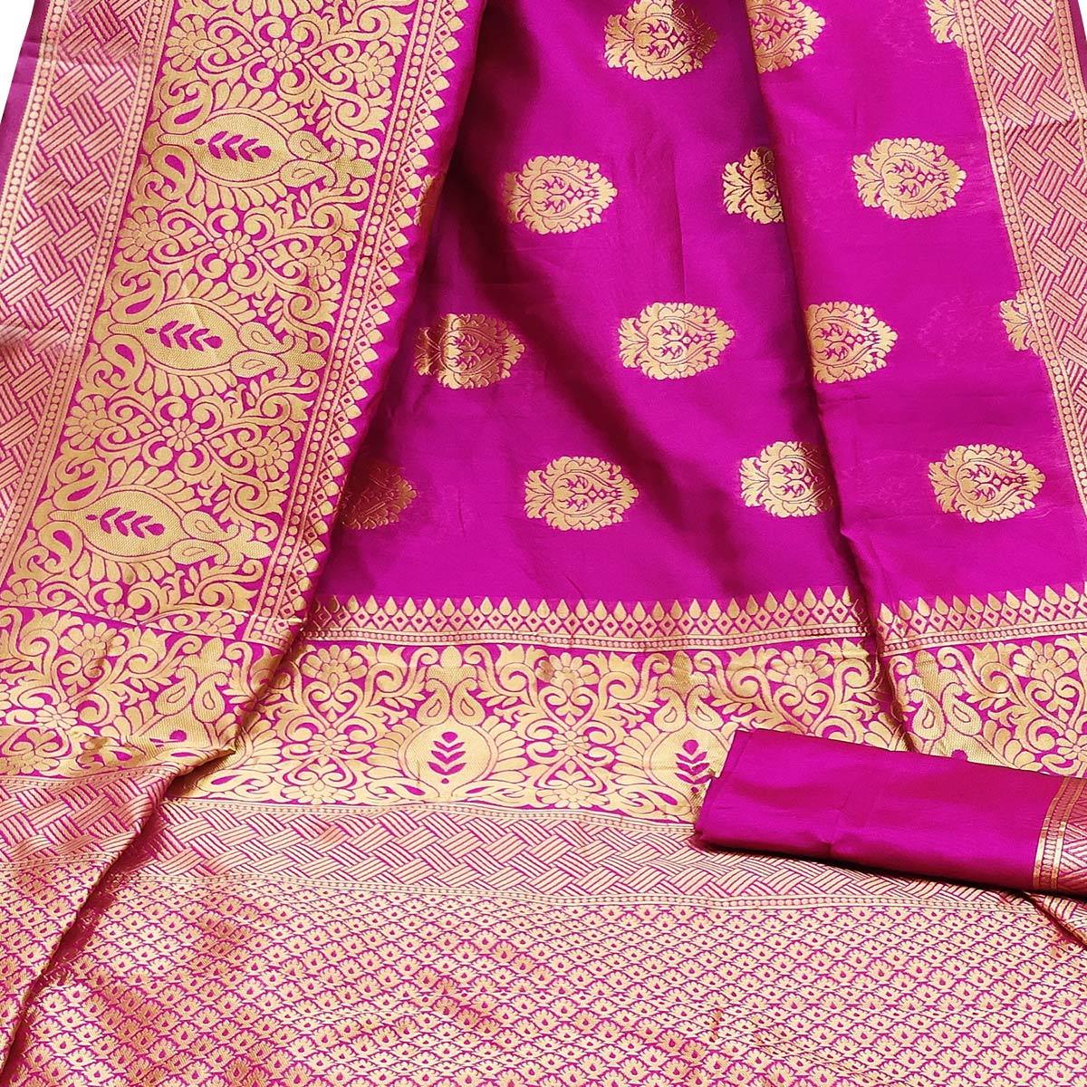 Capricious Rani Pink Colored Festive Wear Woven Litchi Jacquard Silk Saree