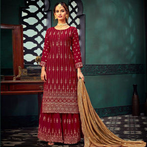 Capricious Red Colored Embroidered Partywear Pure Georgette Palazzo Suit