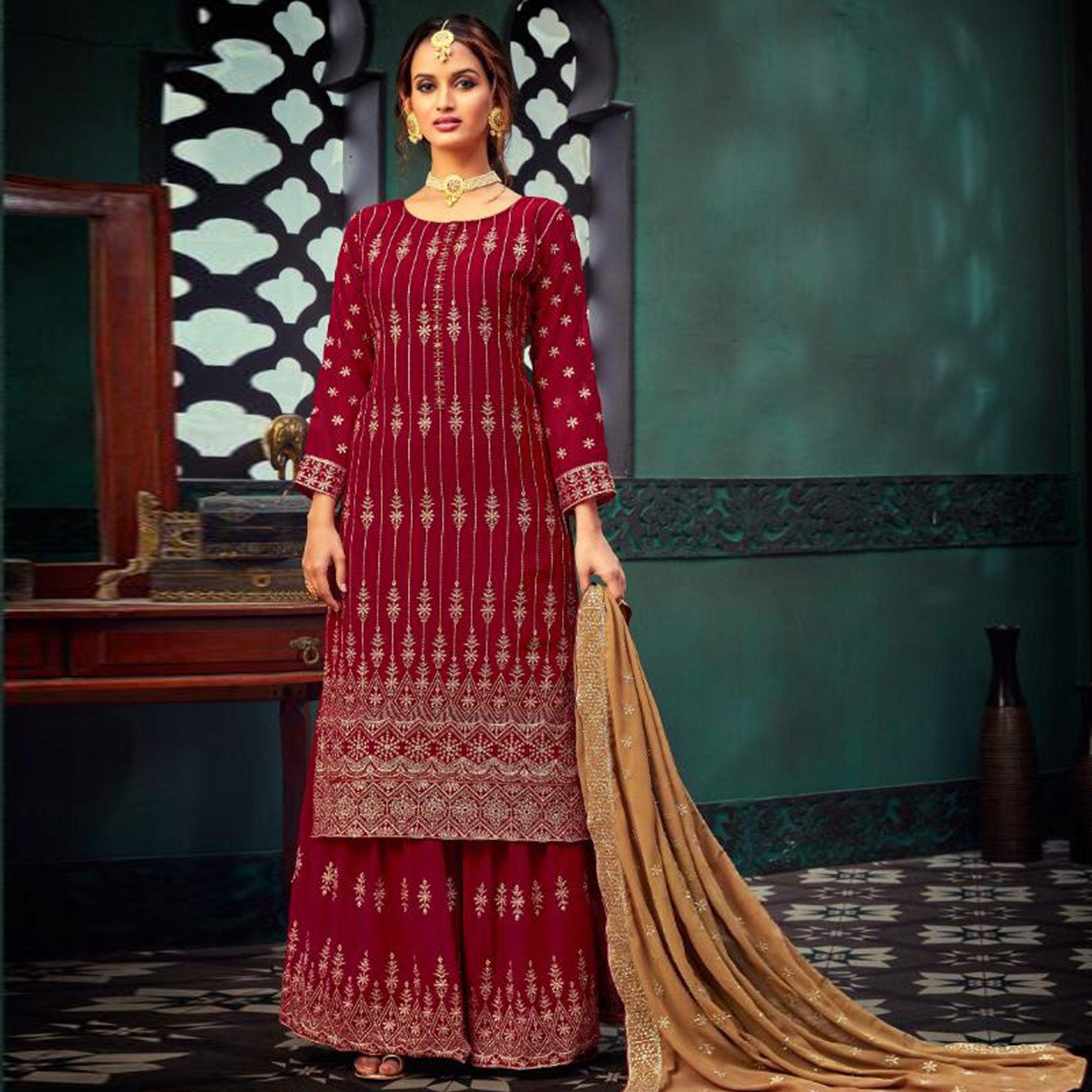 Capricious Red Colored Embroidered Partywear Pure Georgette Palazzo Suit