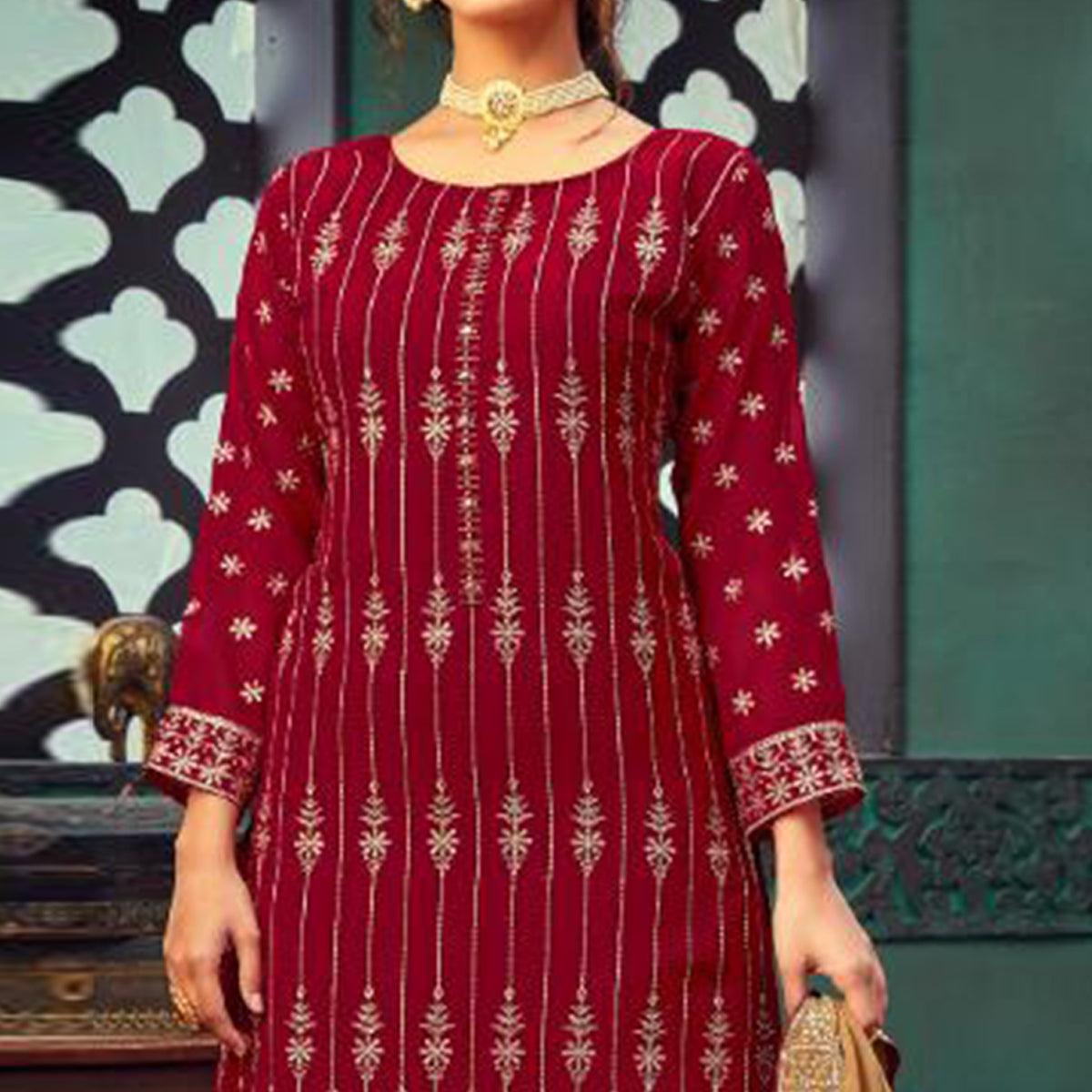 Capricious Red Colored Embroidered Partywear Pure Georgette Palazzo Suit