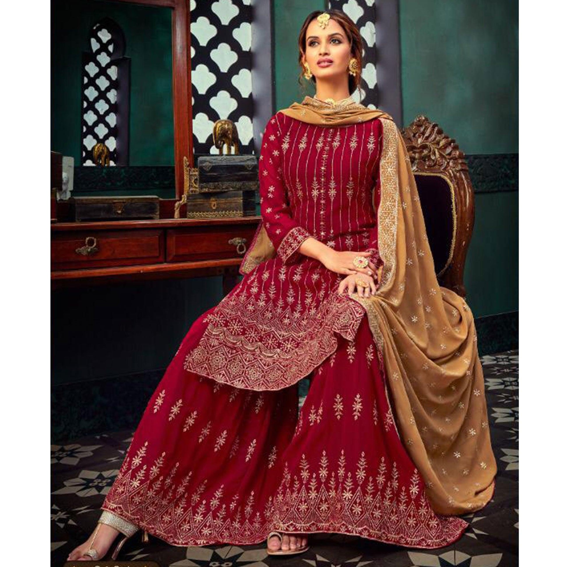 Capricious Red Colored Embroidered Partywear Pure Georgette Palazzo Suit