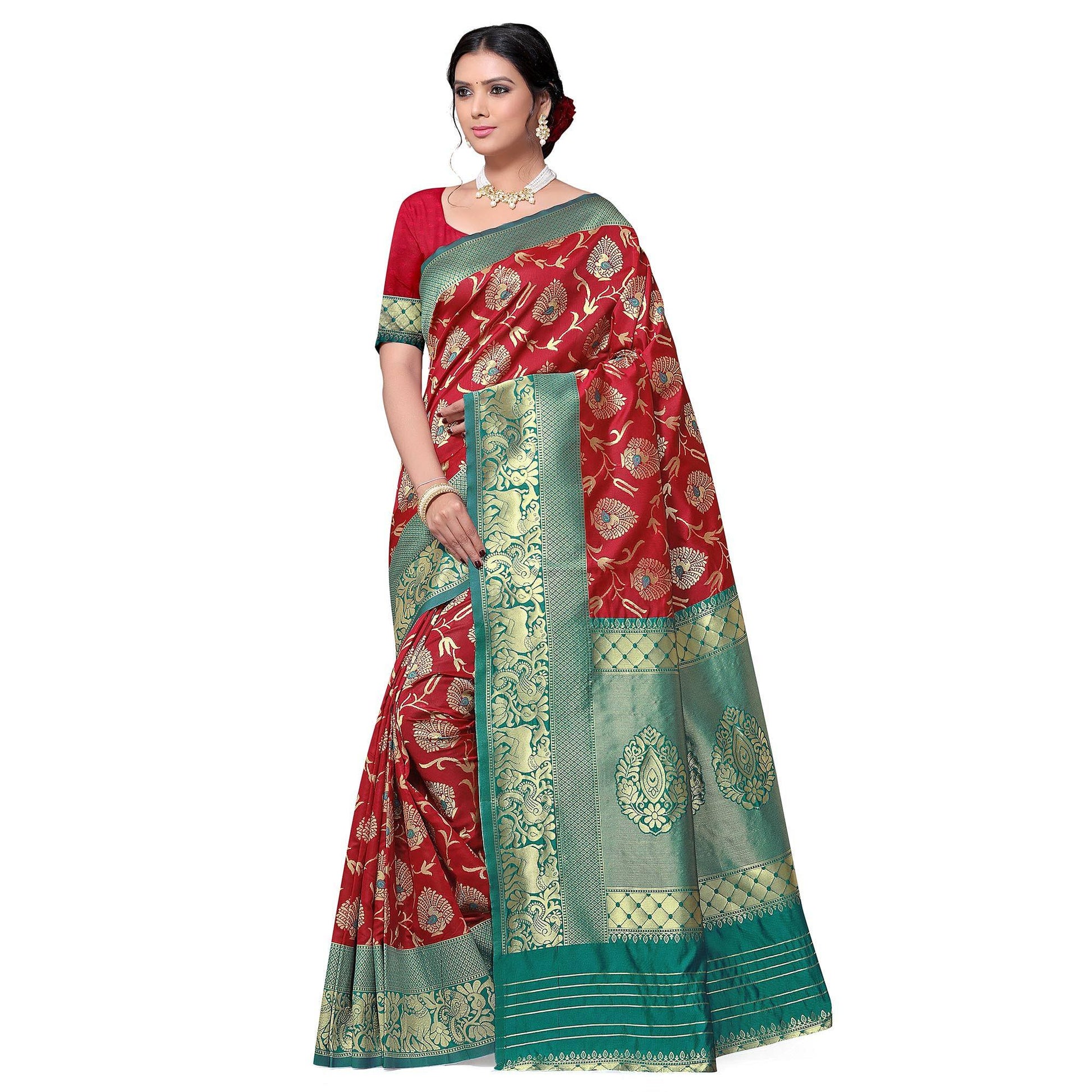Capricious Red Colored Festive Wear woven Kota Lichi Banarasi Silk Saree