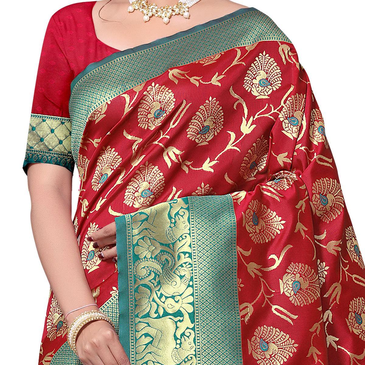 Capricious Red Colored Festive Wear woven Kota Lichi Banarasi Silk Saree