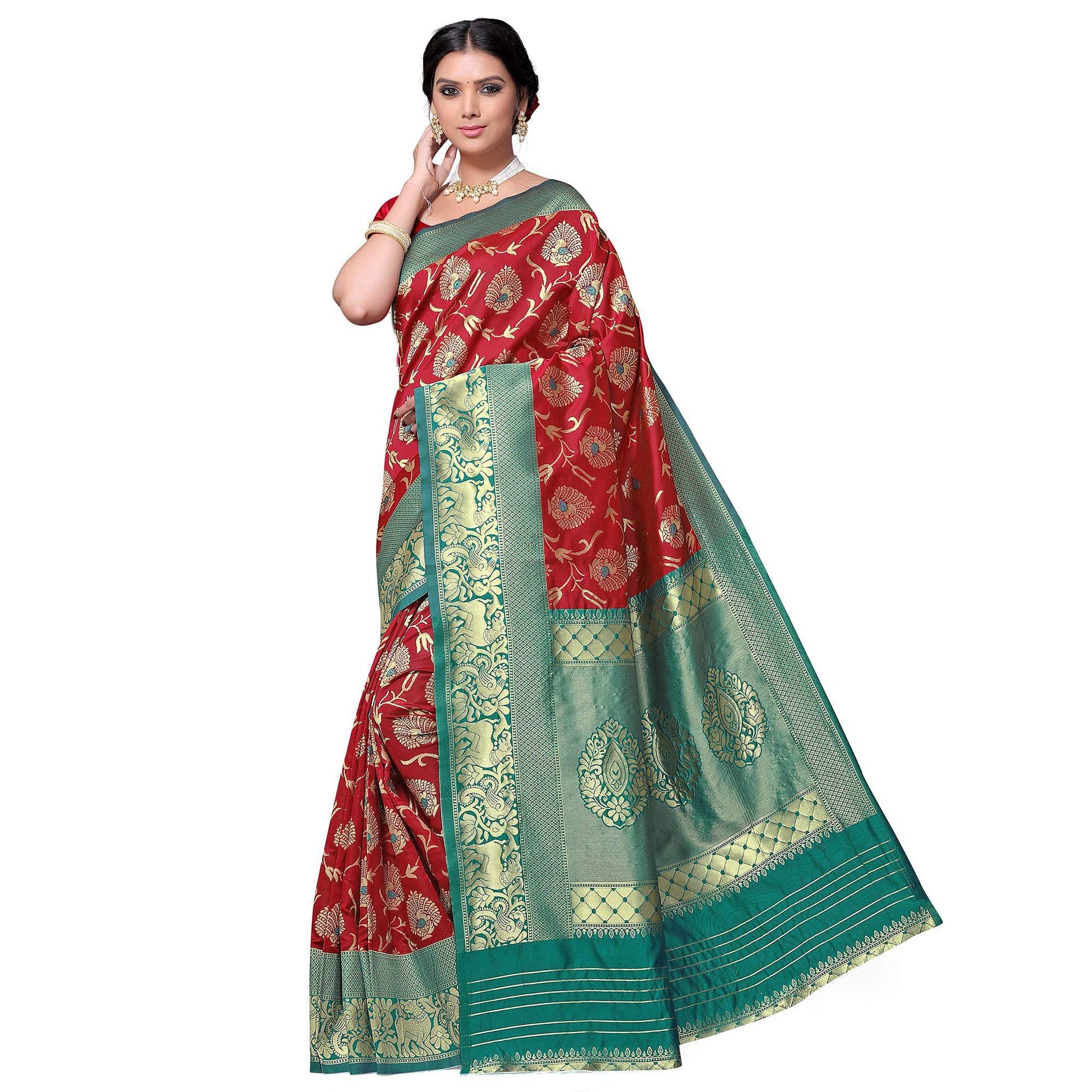 Capricious Red Colored Festive Wear woven Kota Lichi Banarasi Silk Saree