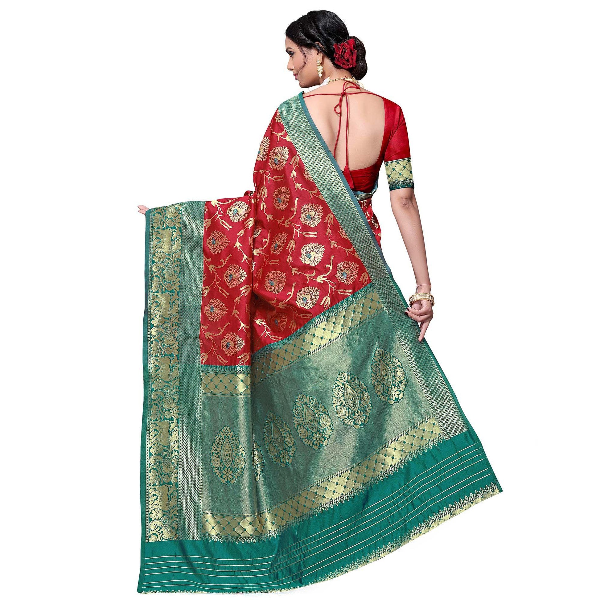 Capricious Red Colored Festive Wear woven Kota Lichi Banarasi Silk Saree