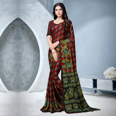 Capricious Red Colored Partywear Checkered Printed Chiffon Saree