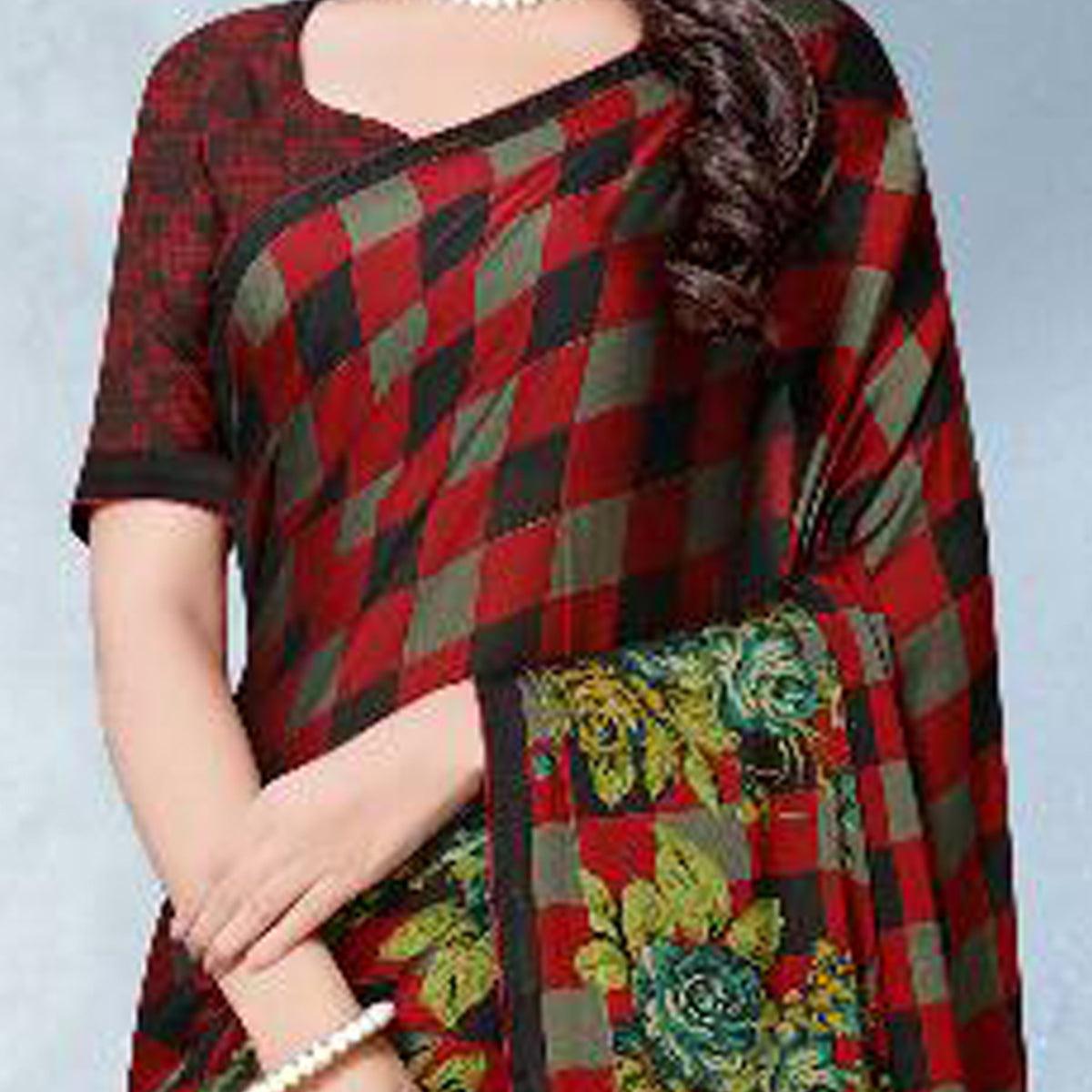 Capricious Red Colored Partywear Checkered Printed Chiffon Saree