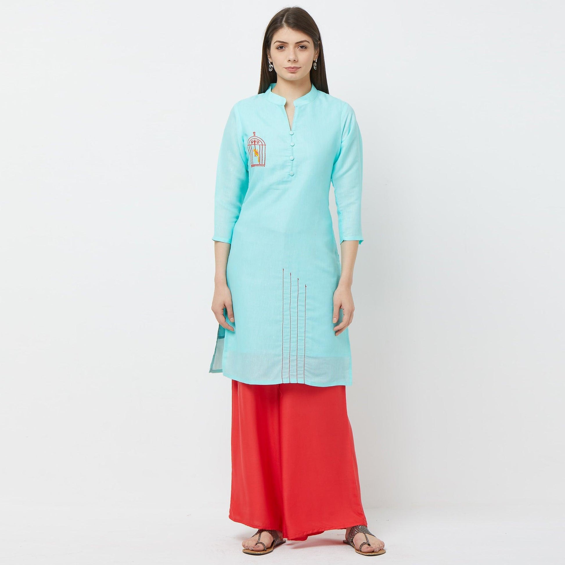 Capricious Sky Blue Colored Casual Embroidered Cotton Kurti