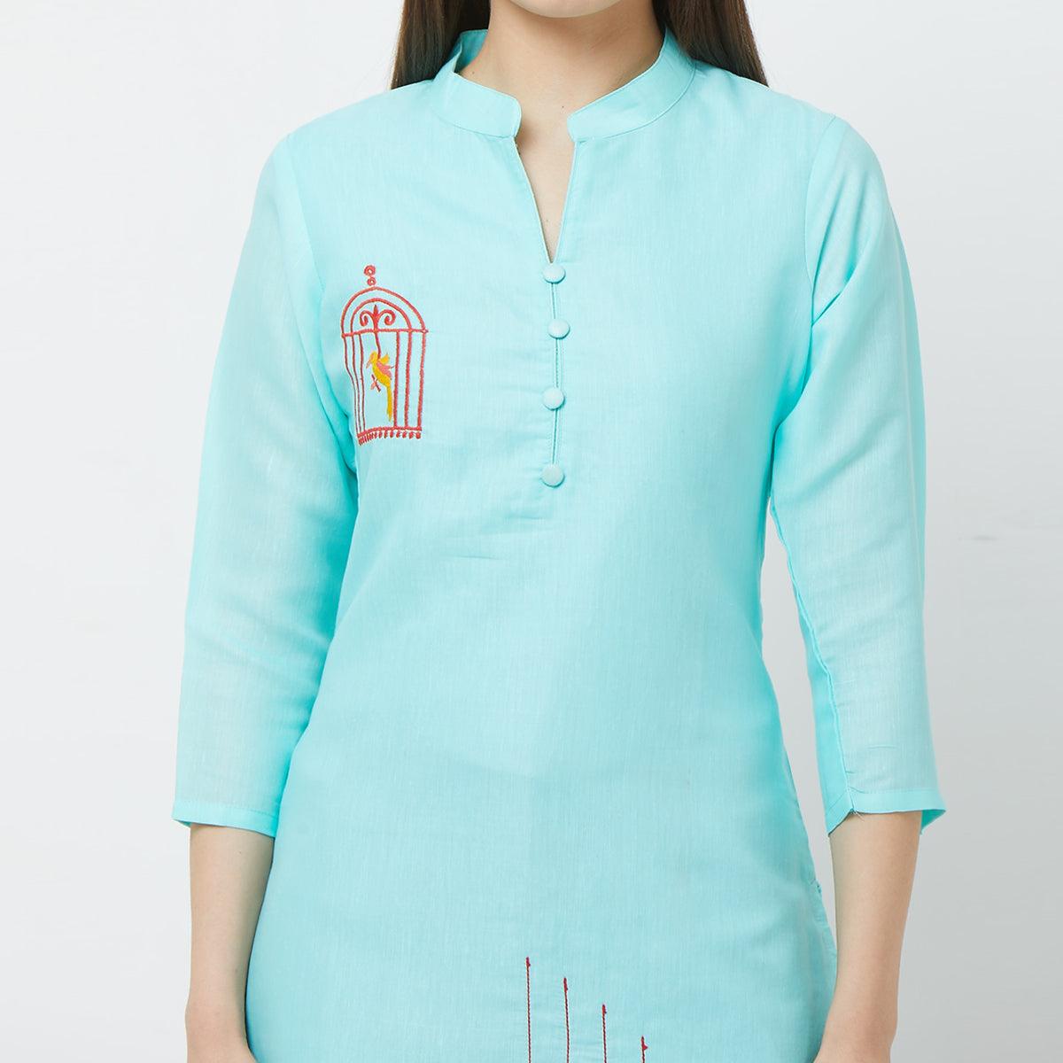 Capricious Sky Blue Colored Casual Embroidered Cotton Kurti