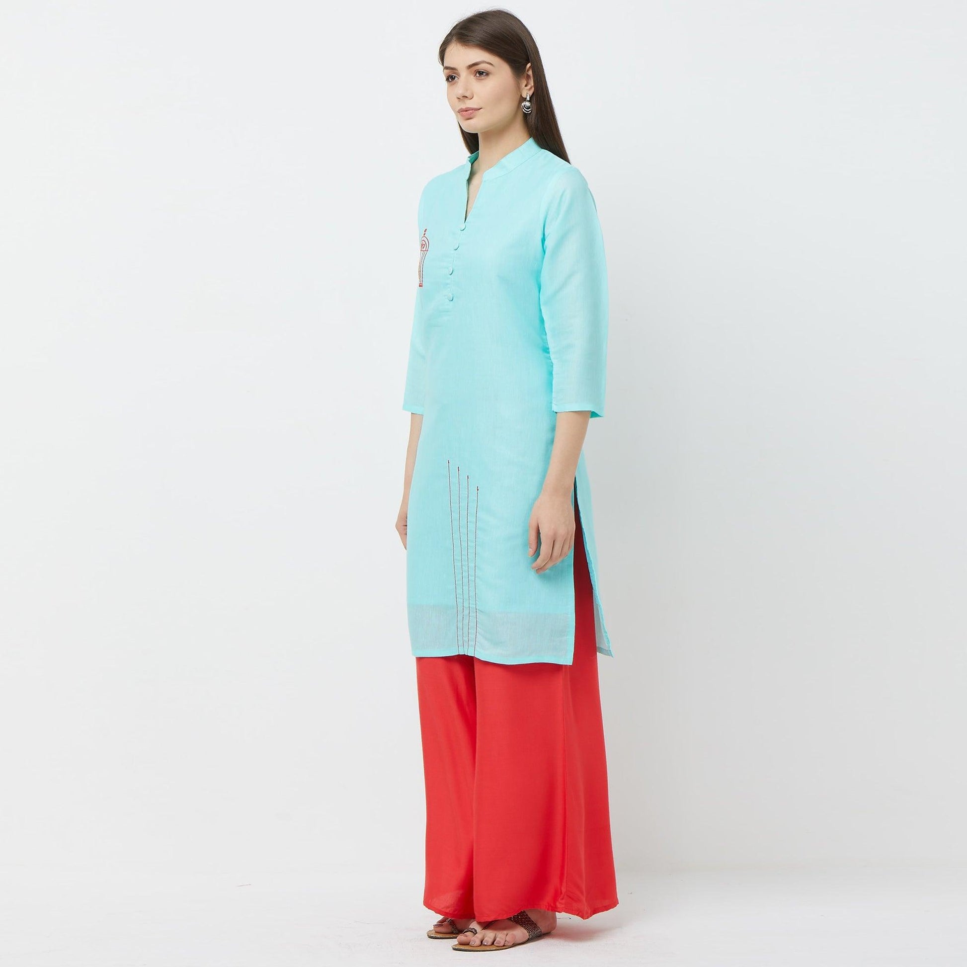 Capricious Sky Blue Colored Casual Embroidered Cotton Kurti