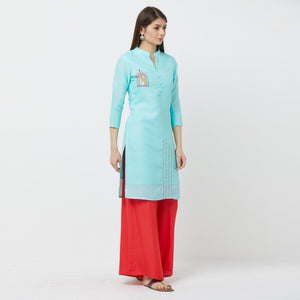 Capricious Sky Blue Colored Casual Embroidered Cotton Kurti