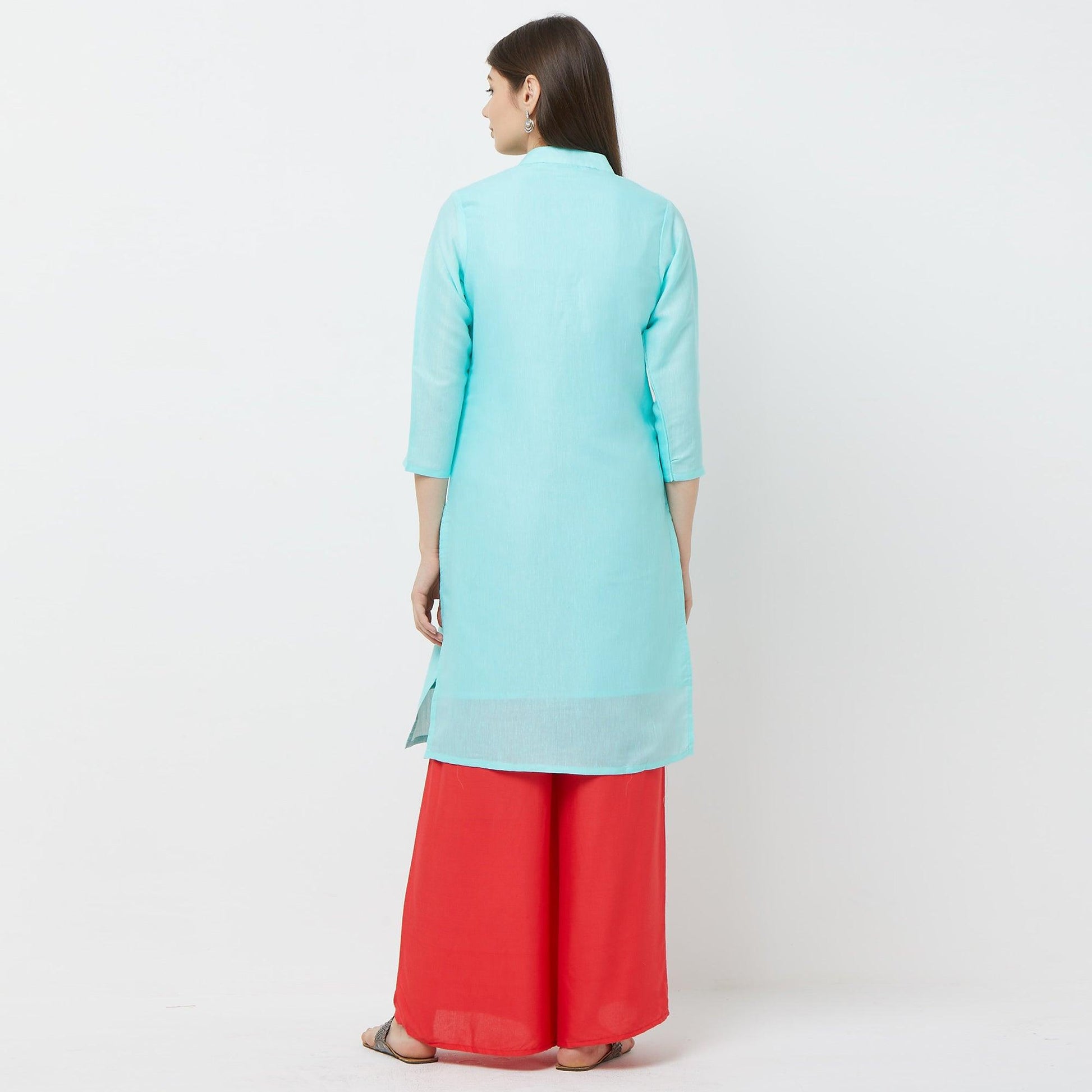 Capricious Sky Blue Colored Casual Embroidered Cotton Kurti