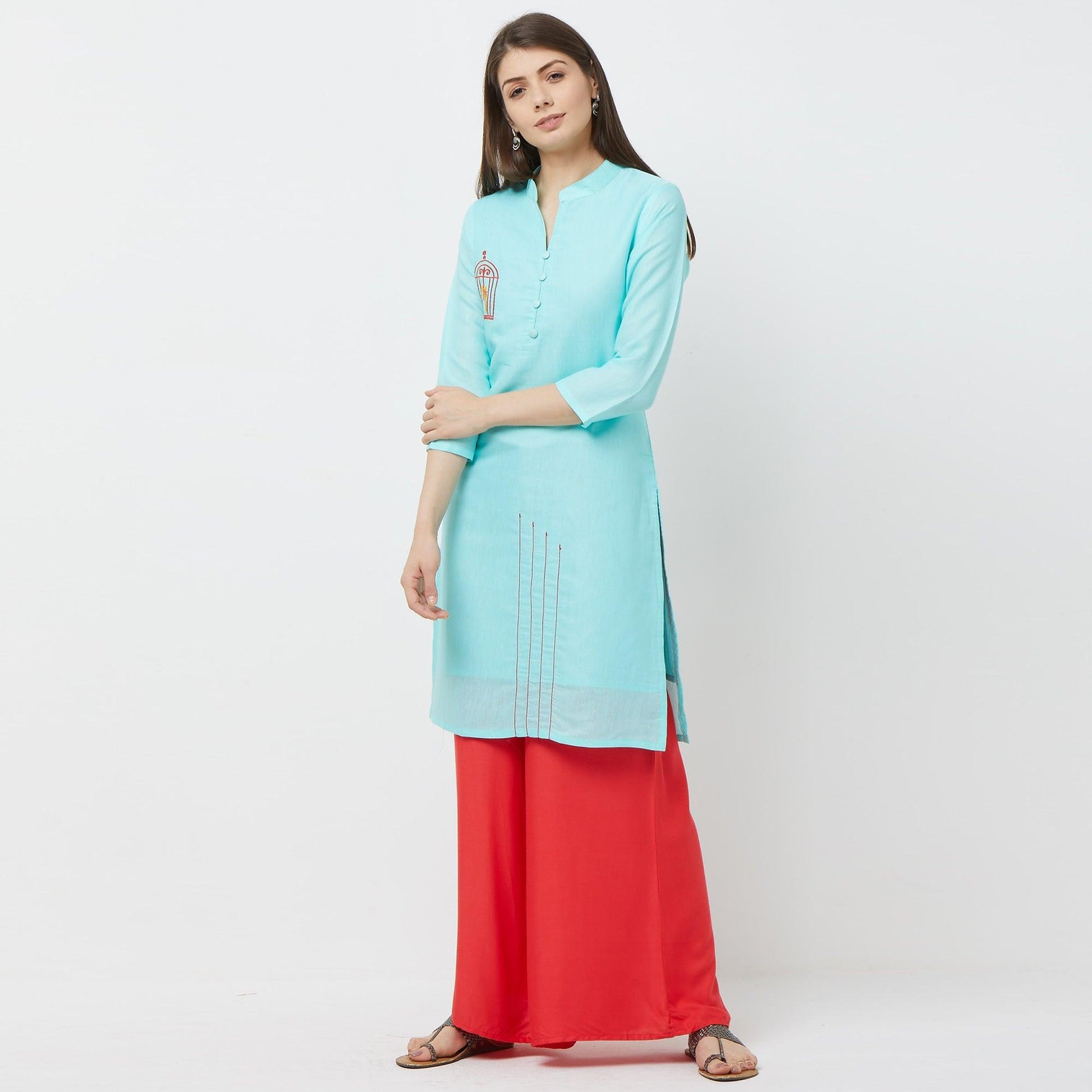 Capricious Sky Blue Colored Casual Embroidered Cotton Kurti