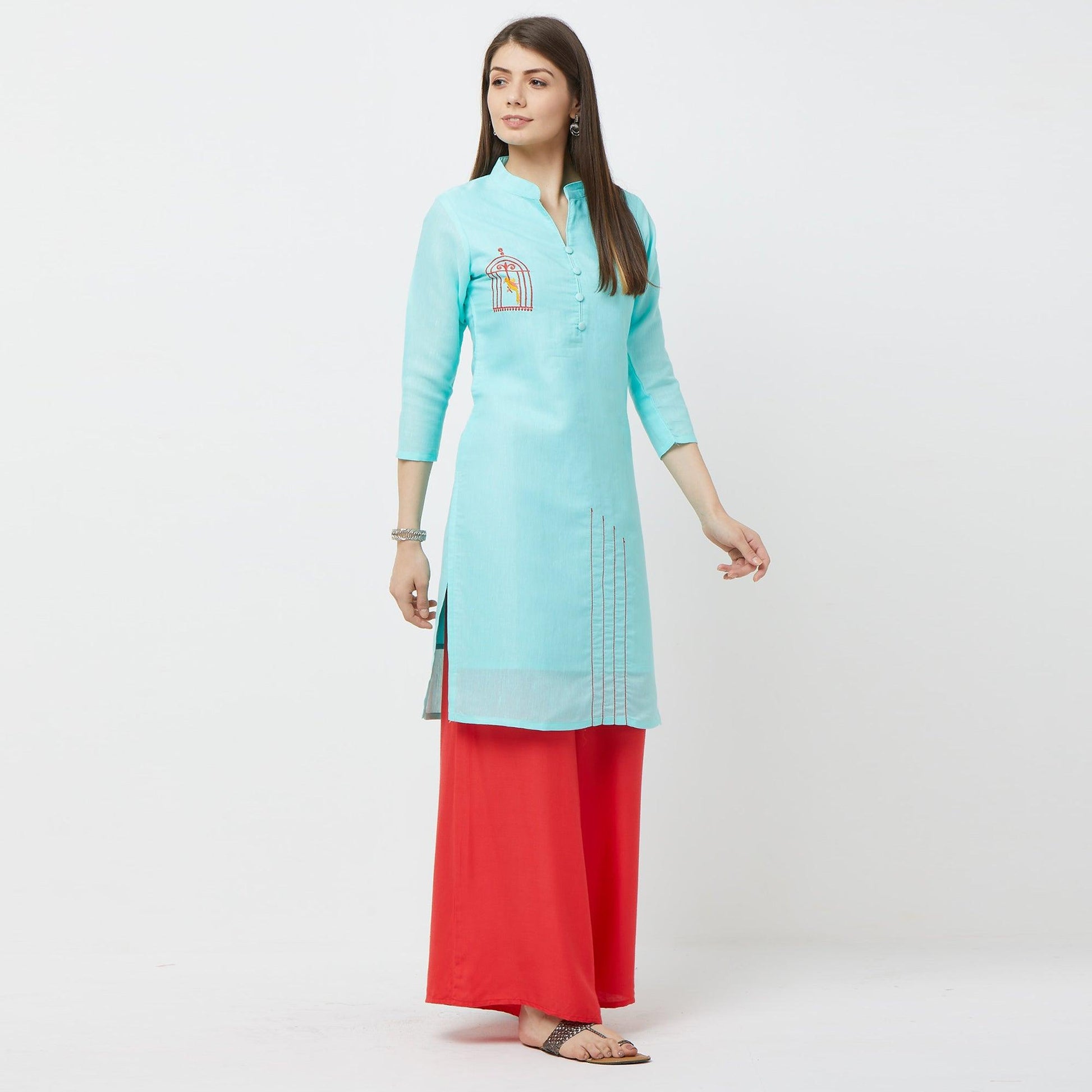 Capricious Sky Blue Colored Casual Embroidered Cotton Kurti
