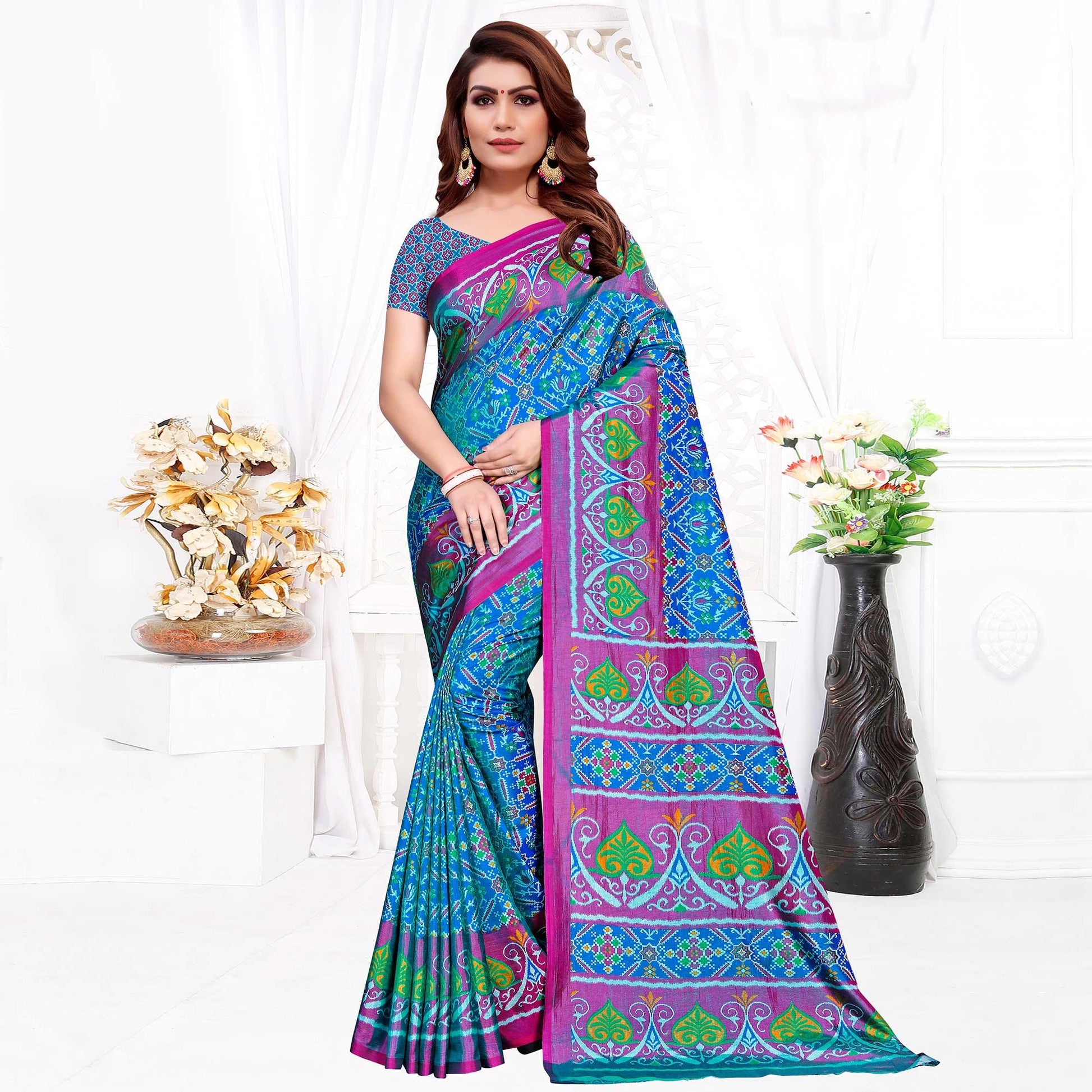 Capricious Sky Blue Colored Casual Printed Patola Printed Art Silk Saree