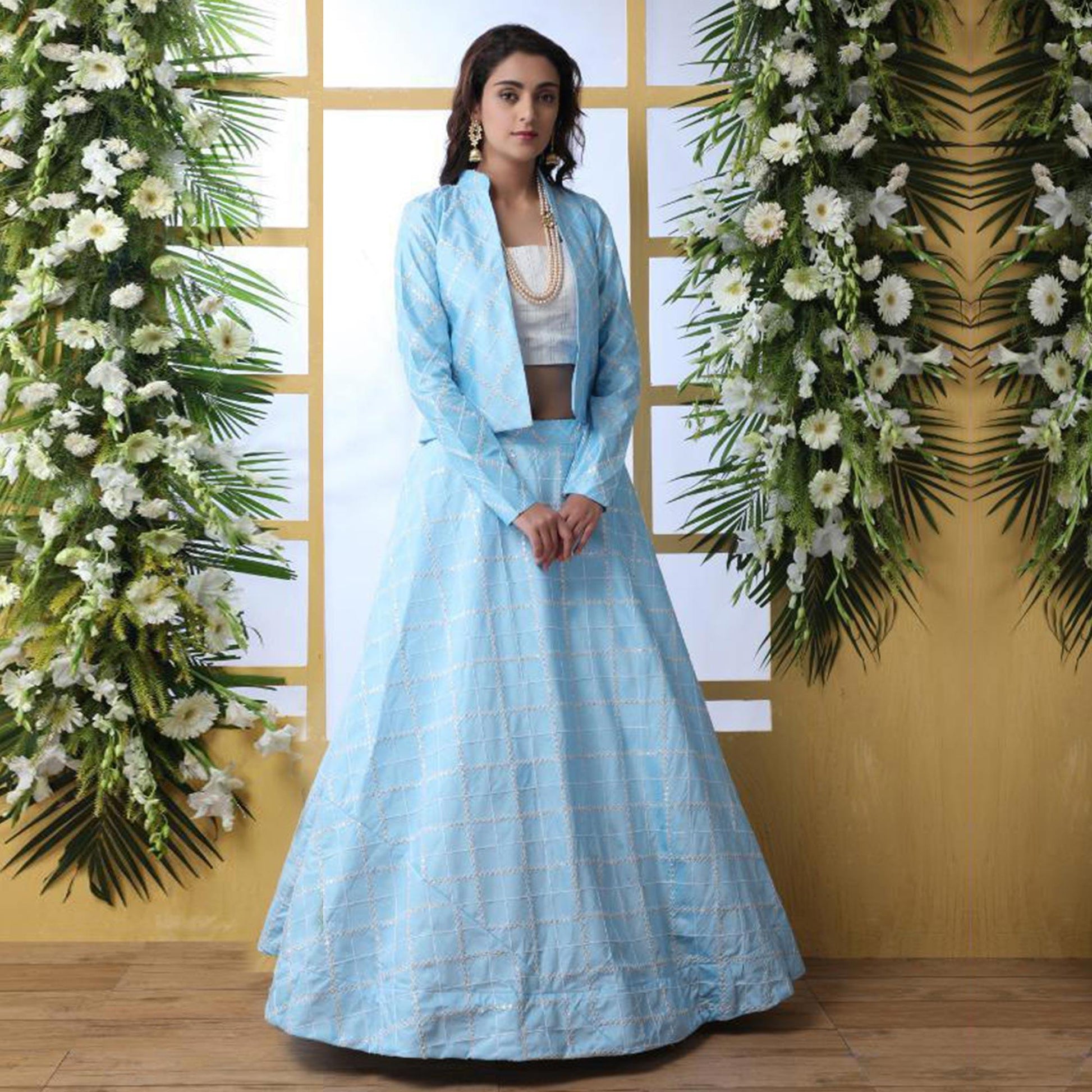 Capricious Sky Blue Colored Party Wear Embroidered Art Silk Lehenga Choli With Koti