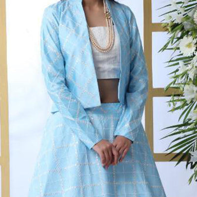 Capricious Sky Blue Colored Party Wear Embroidered Art Silk Lehenga Choli With Koti