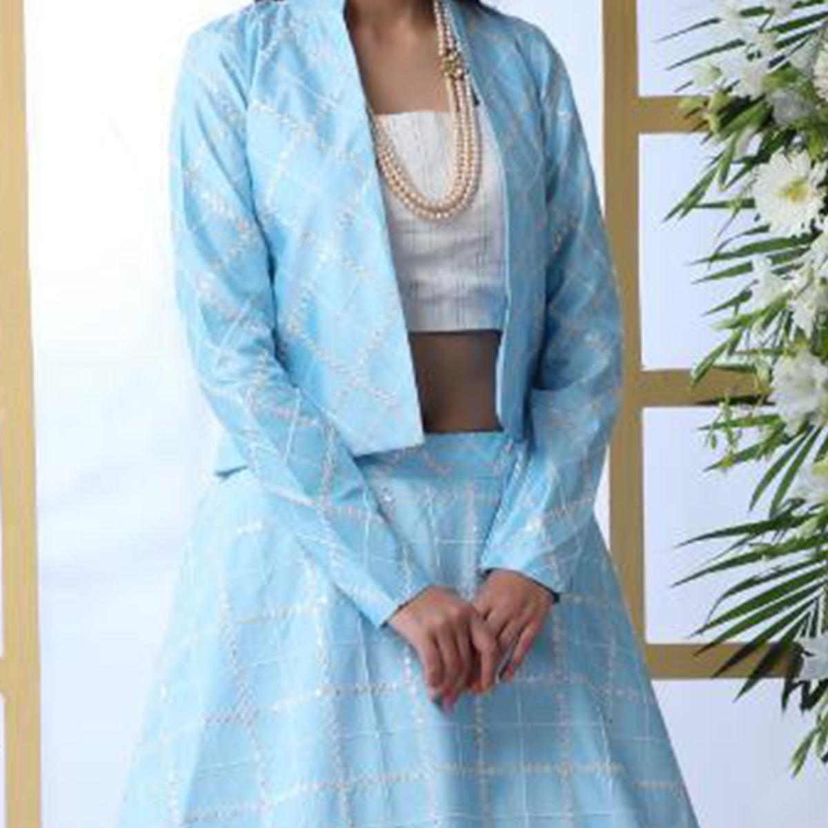 Capricious Sky Blue Colored Party Wear Embroidered Art Silk Lehenga Choli With Koti