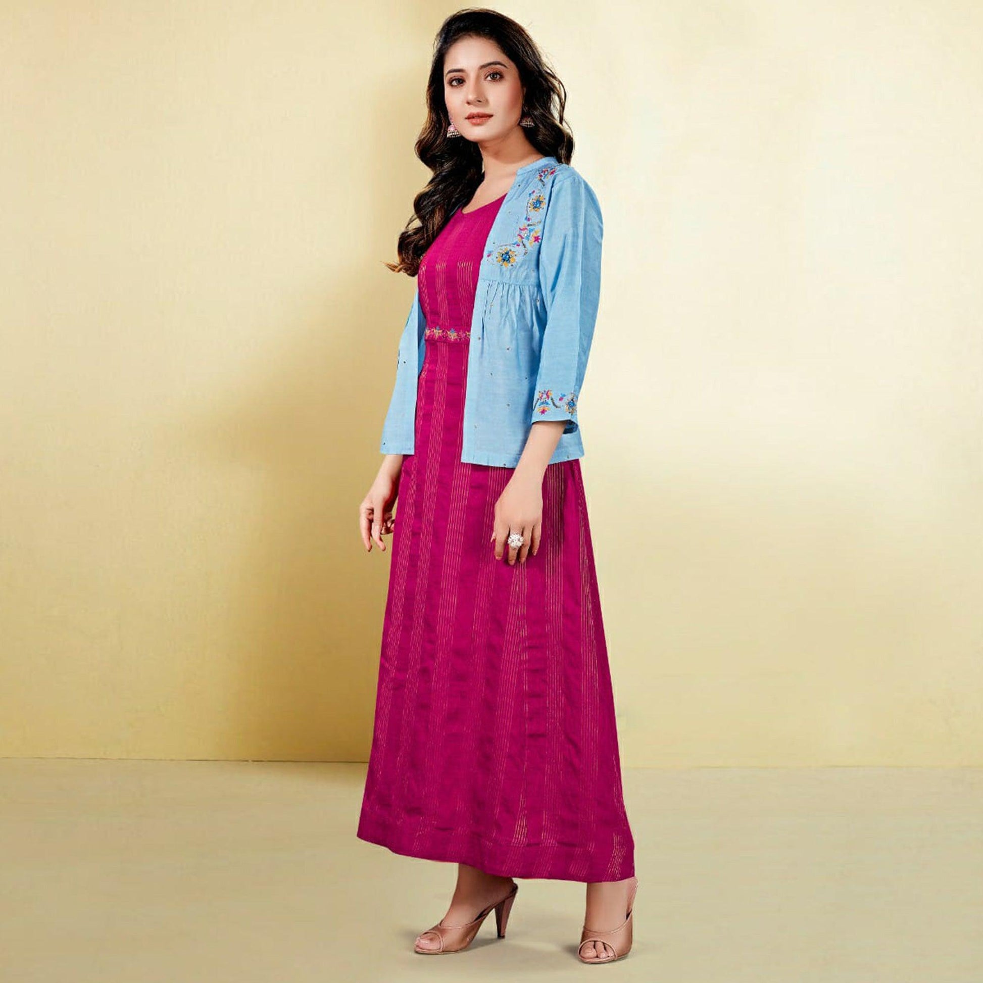 Capricious Sky Blue - Pink Colored Partywear Embroidered Cotton Silk Kurti With Jacket