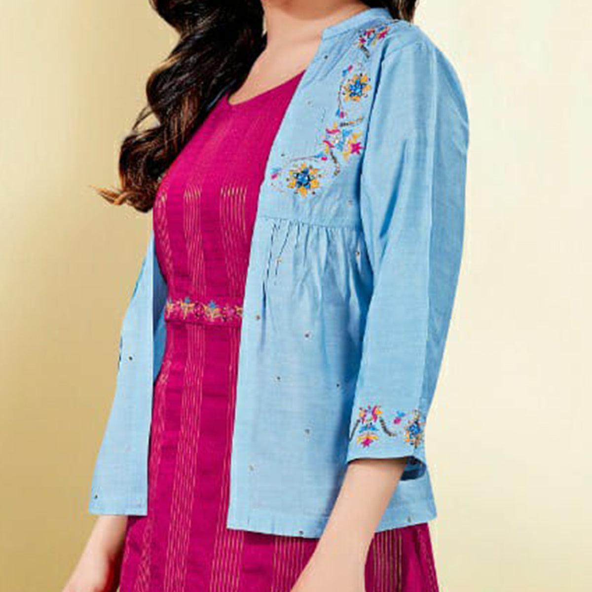 Capricious Sky Blue - Pink Colored Partywear Embroidered Cotton Silk Kurti With Jacket
