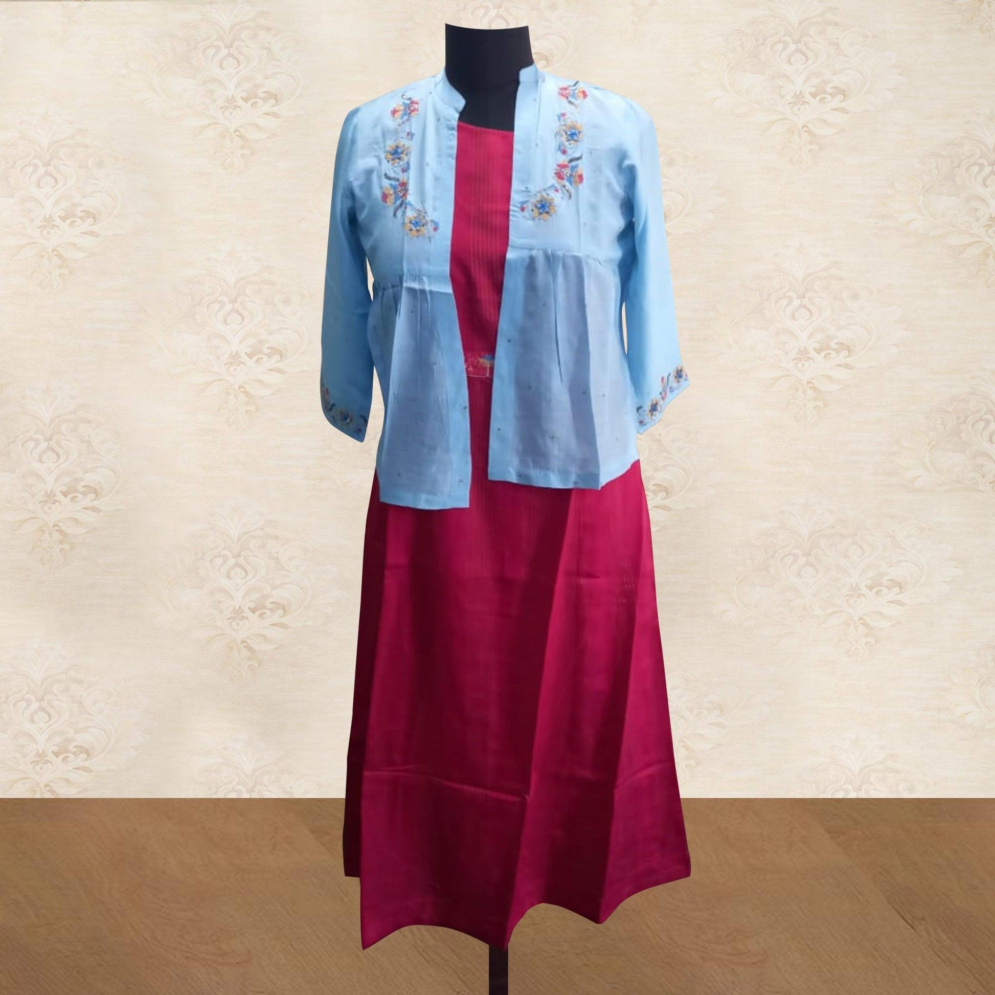 Capricious Sky Blue - Pink Colored Partywear Embroidered Cotton Silk Kurti With Jacket