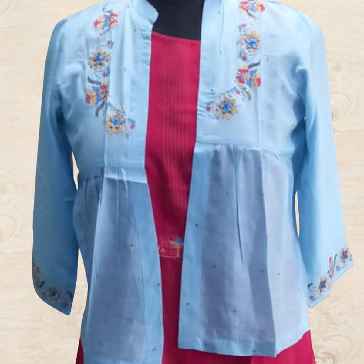Capricious Sky Blue - Pink Colored Partywear Embroidered Cotton Silk Kurti With Jacket