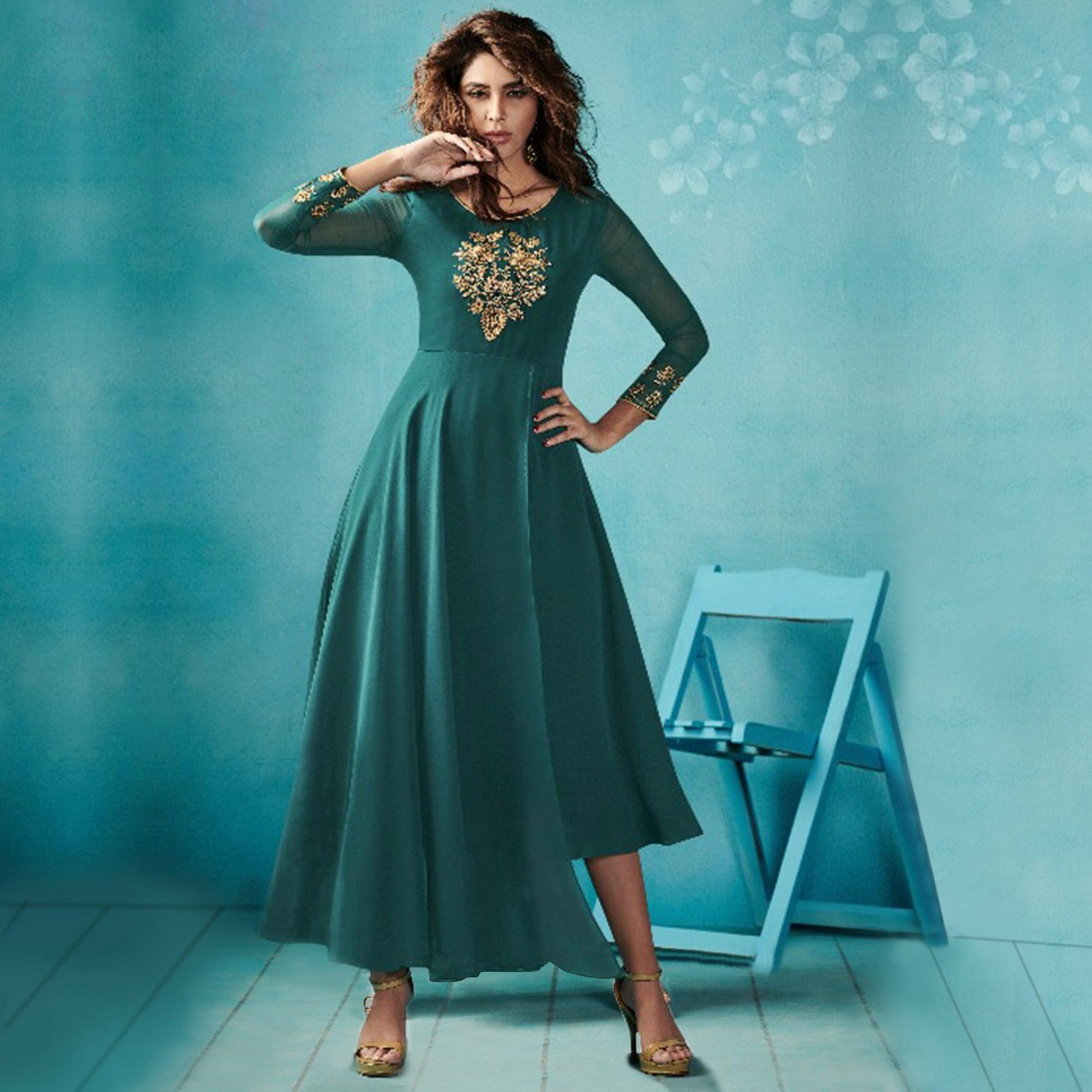 Capricious Stone Blue Colored Embroidered Party Wear Faux Georgette Kurti