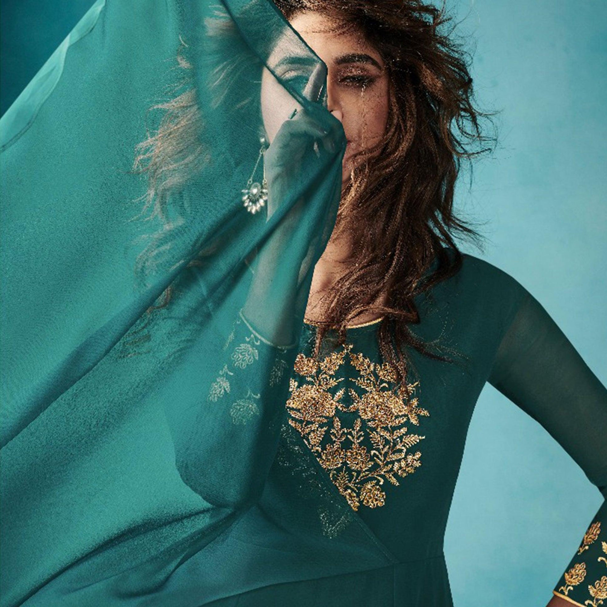 Capricious Stone Blue Colored Embroidered Party Wear Faux Georgette Kurti