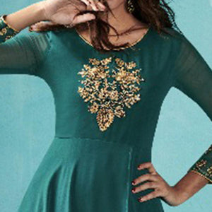 Capricious Stone Blue Colored Embroidered Party Wear Faux Georgette Kurti