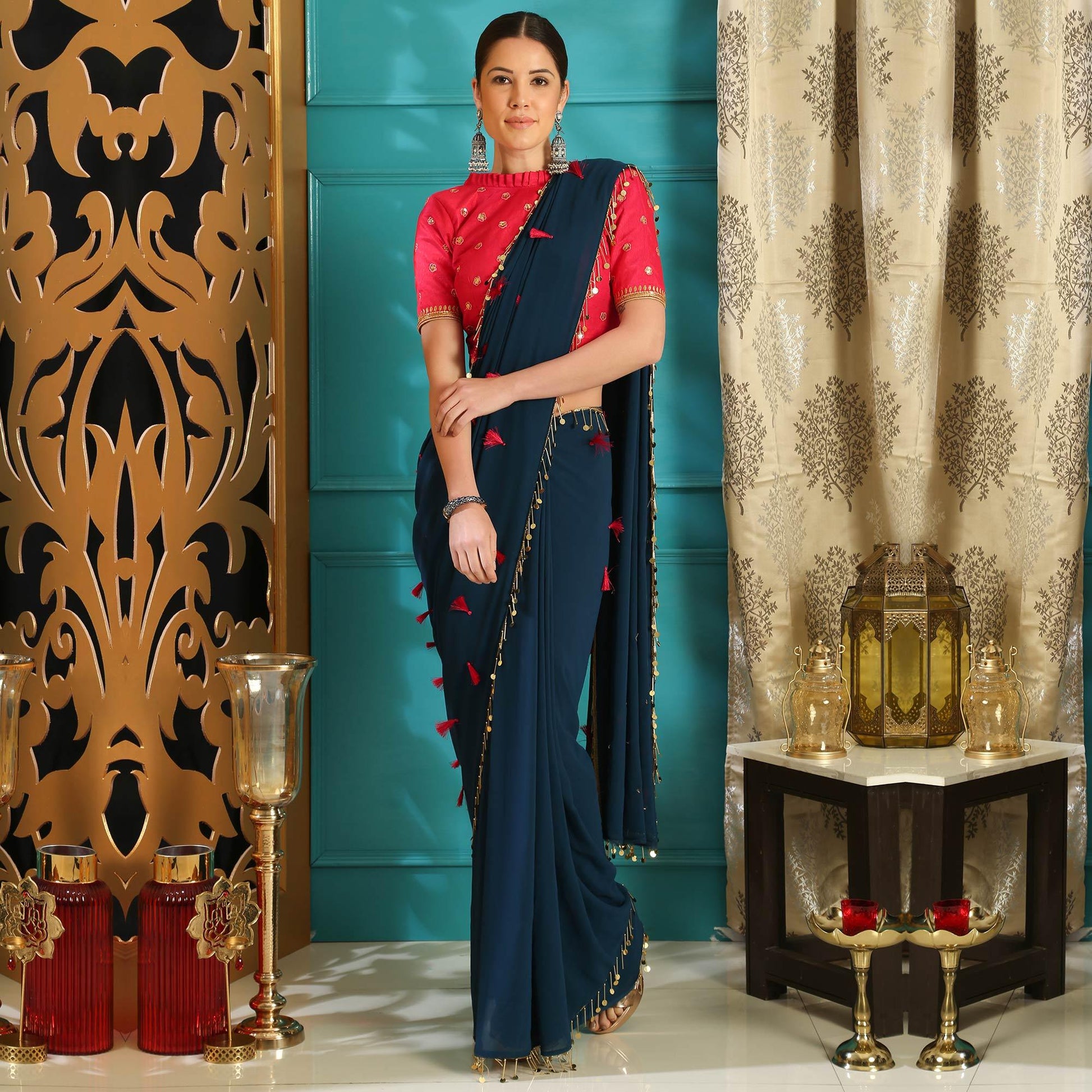 Capricious Teal Blue Colored Party Wear Embroidered Pure Georgette Saree