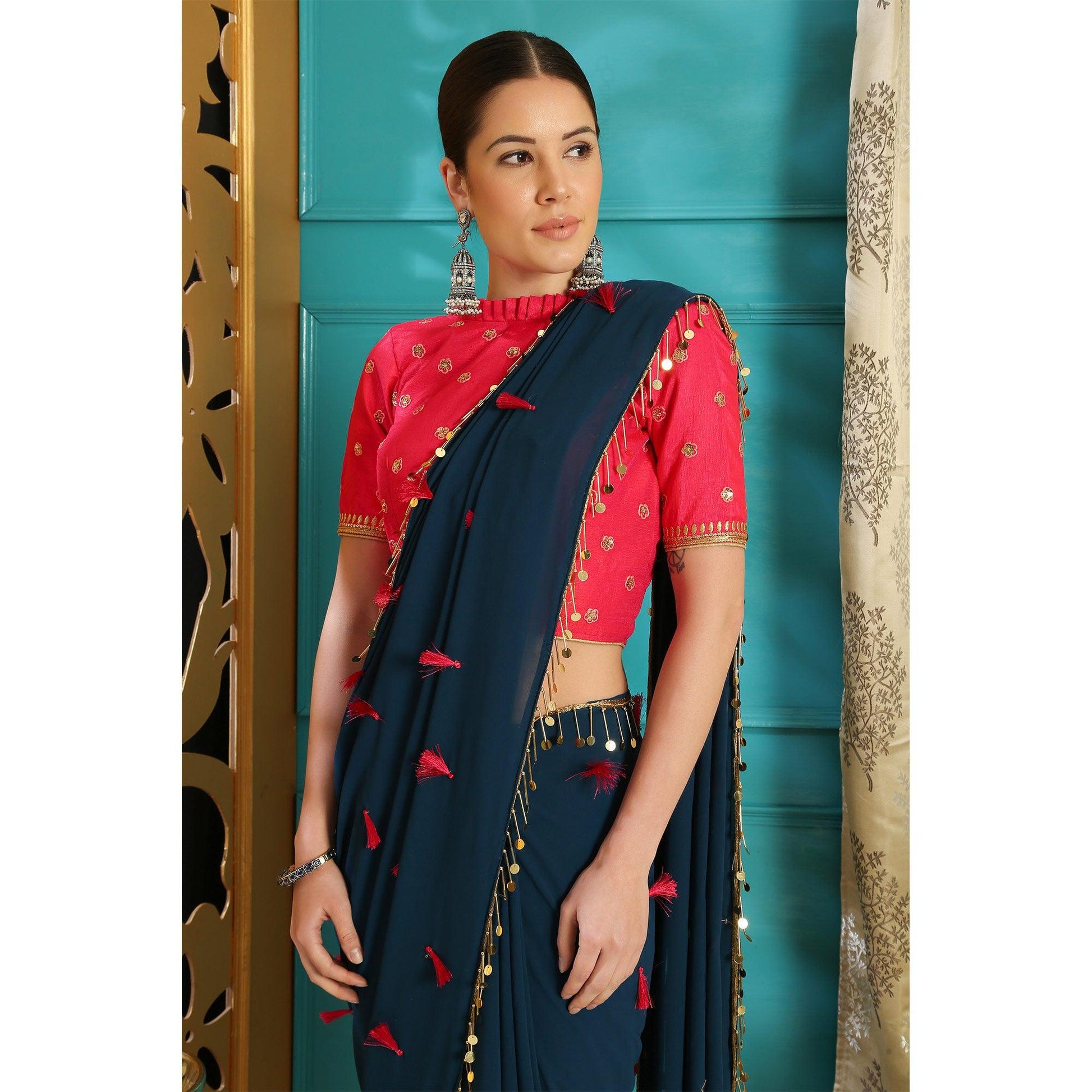 Capricious Teal Blue Colored Party Wear Embroidered Pure Georgette Saree