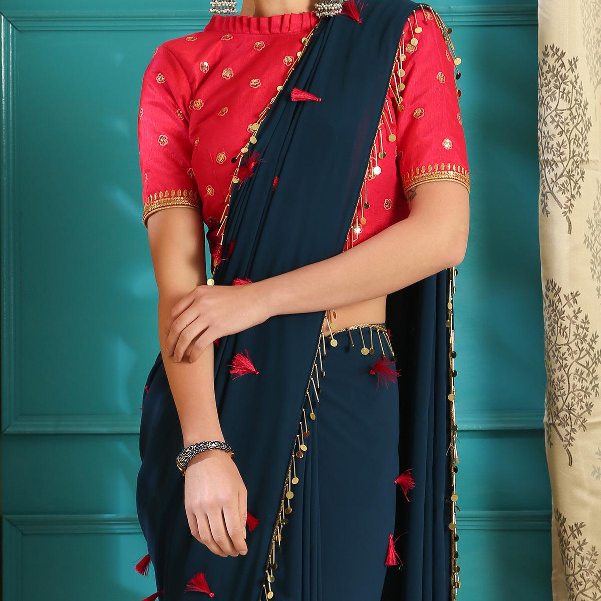 Capricious Teal Blue Colored Party Wear Embroidered Pure Georgette Saree