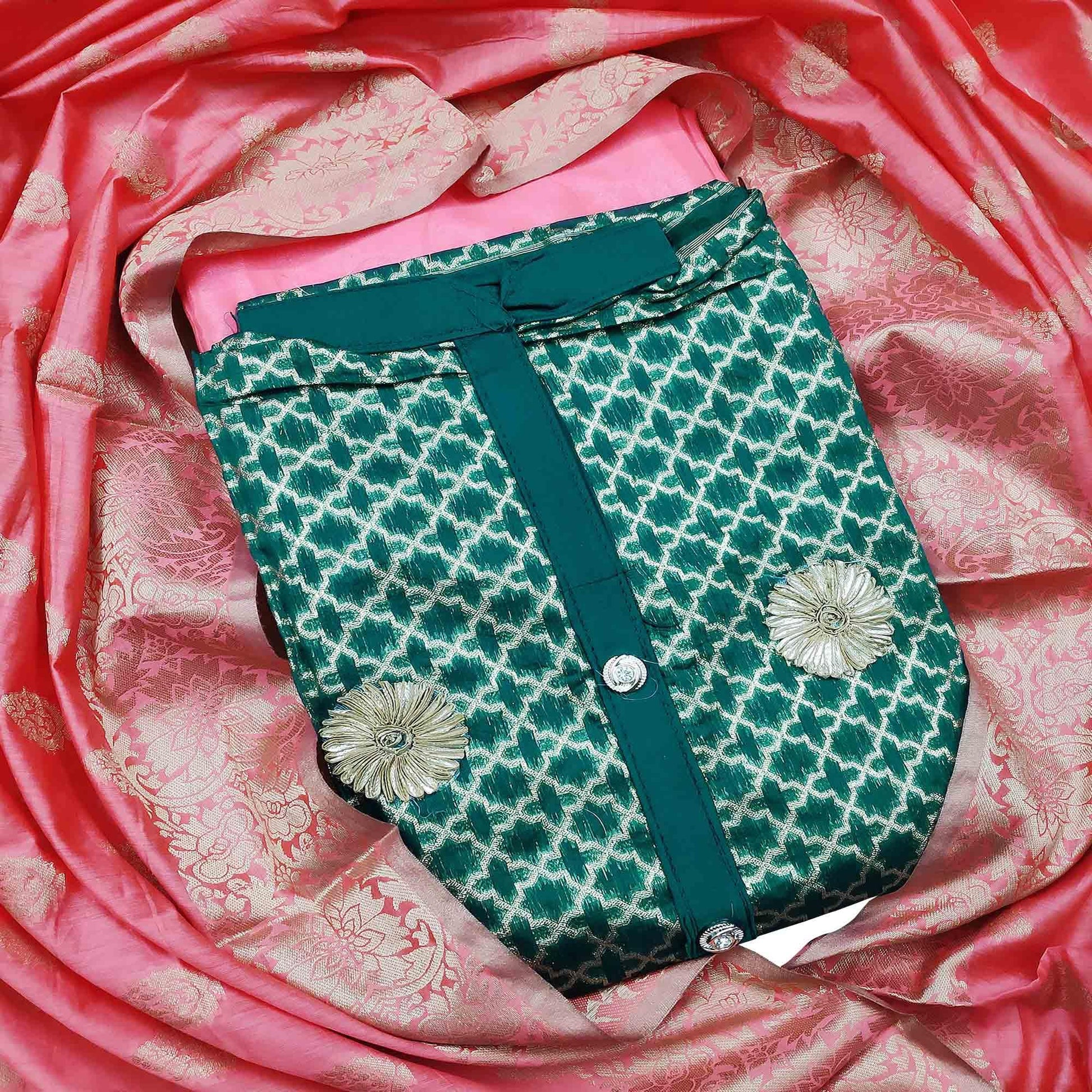 Capricious Teal Green Colored Festive Wear Woven Heavy Banarasi Silk Dress Material