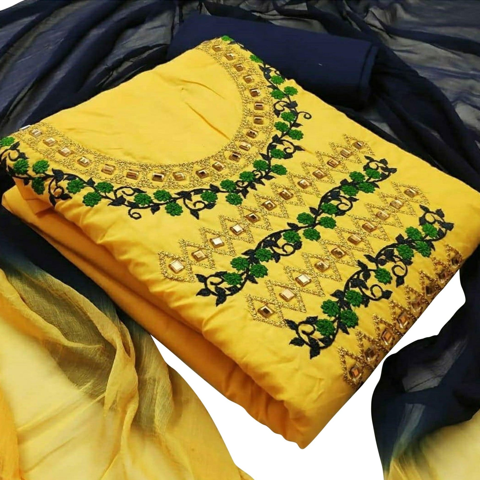 Capricious Yellow Colored Casual Wear Embroidered Cotton Dress Material