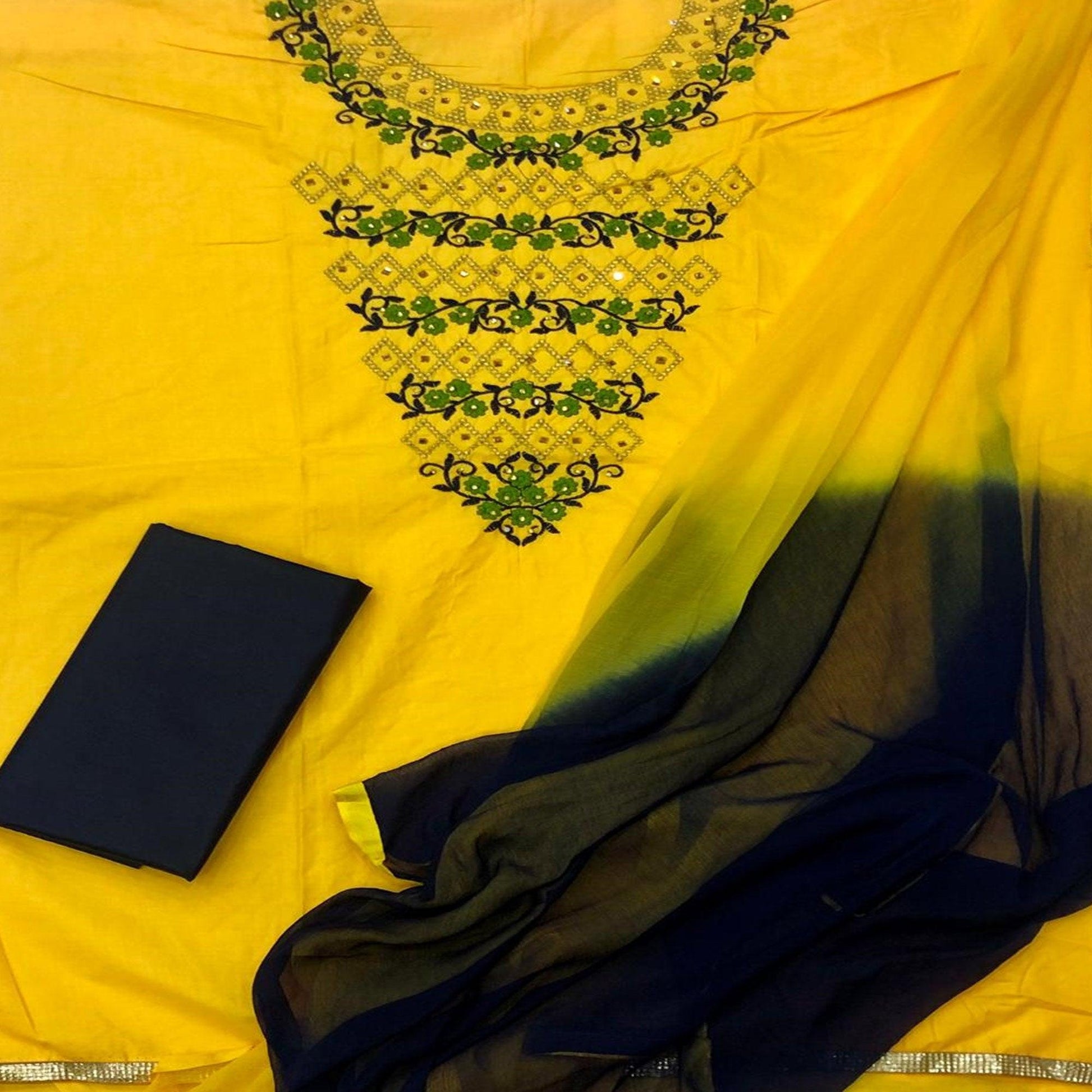 Capricious Yellow Colored Casual Wear Embroidered Cotton Dress Material