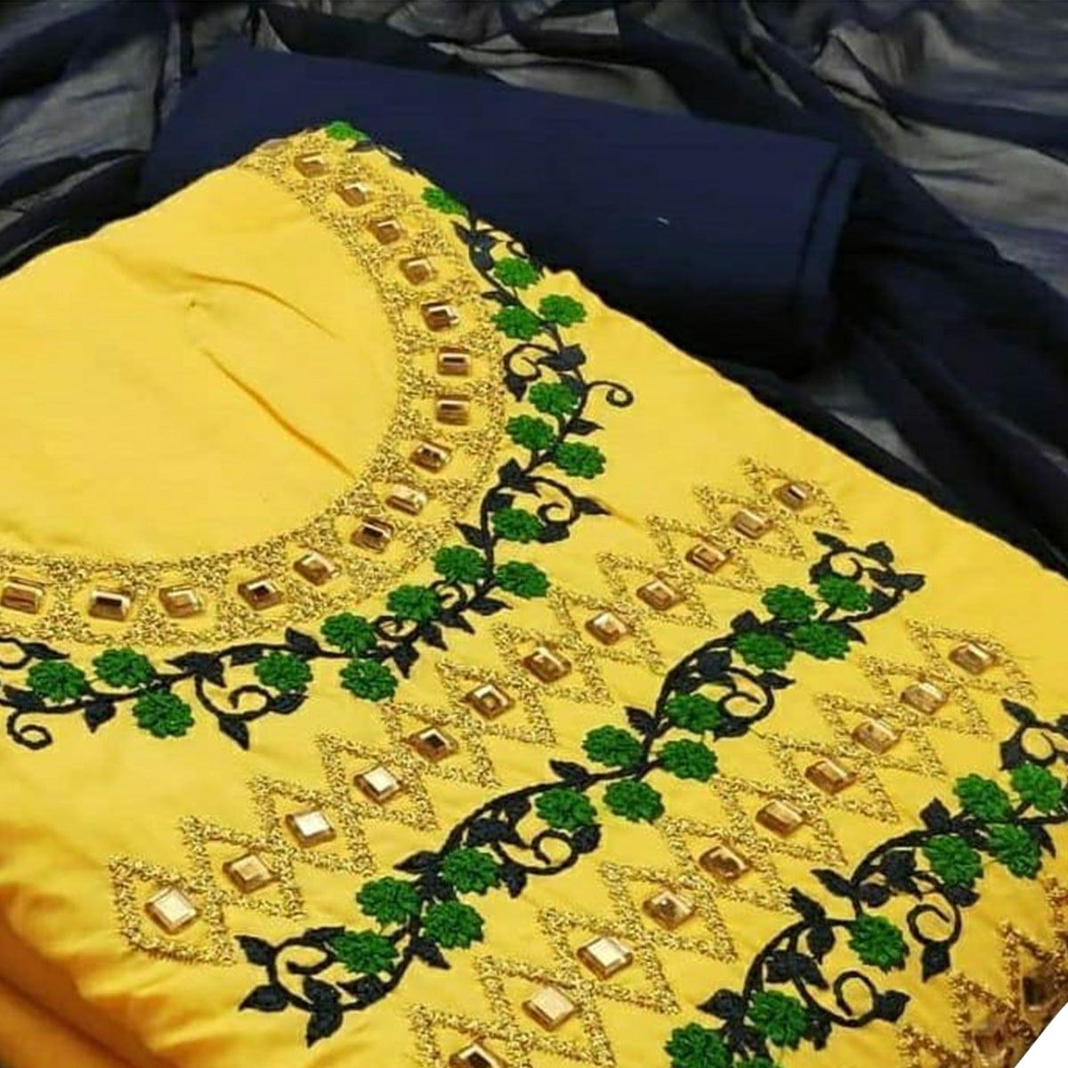 Capricious Yellow Colored Casual Wear Embroidered Cotton Dress Material