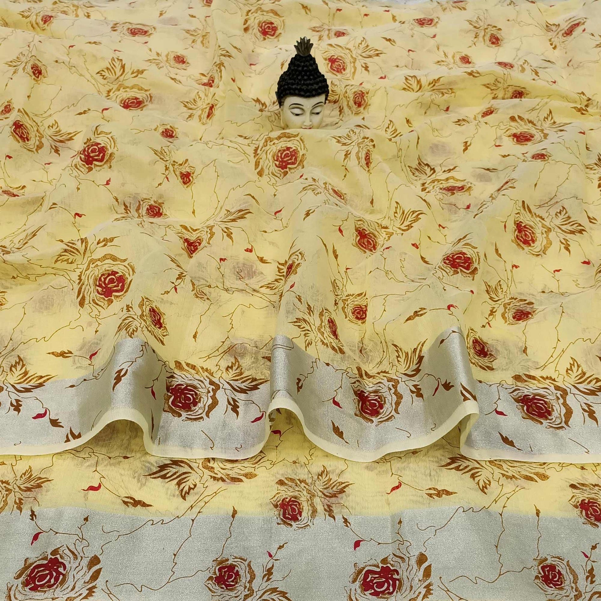 Capricious Yellow Colored Casual Wear Floral Block Printed Cotton Linen Saree