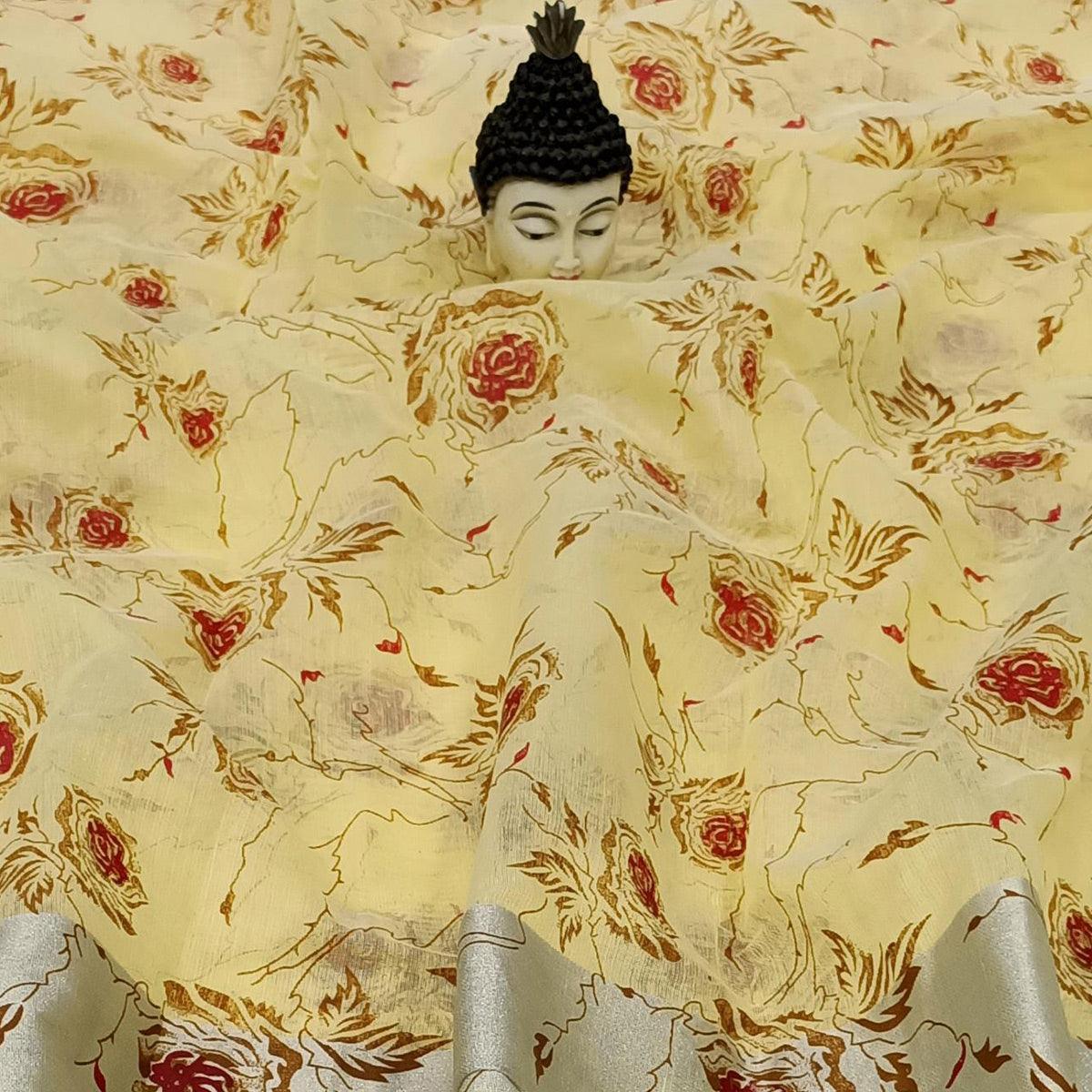 Capricious Yellow Colored Casual Wear Floral Block Printed Cotton Linen Saree