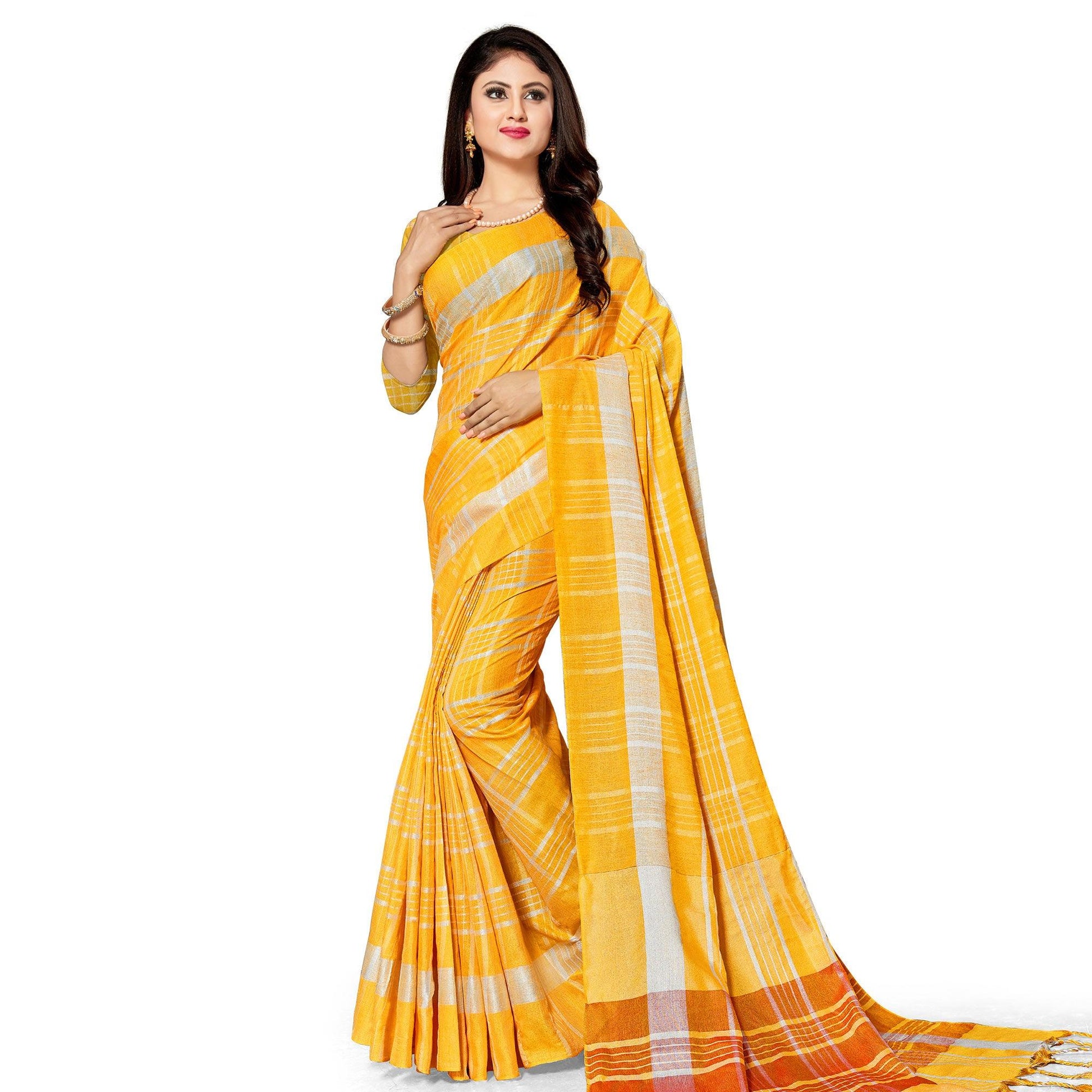 Capricious Yellow Colored Fesive Wear Stripe Print Cotton Silk Saree With Tassels