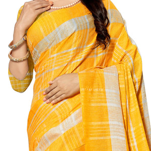 Capricious Yellow Colored Fesive Wear Stripe Print Cotton Silk Saree With Tassels