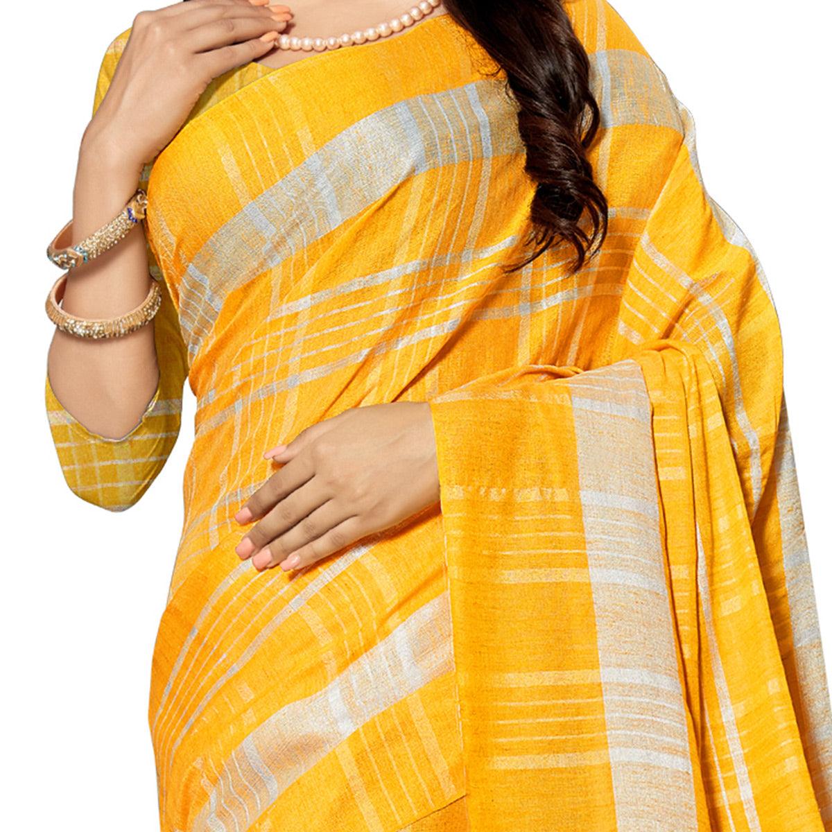 Capricious Yellow Colored Fesive Wear Stripe Print Cotton Silk Saree With Tassels