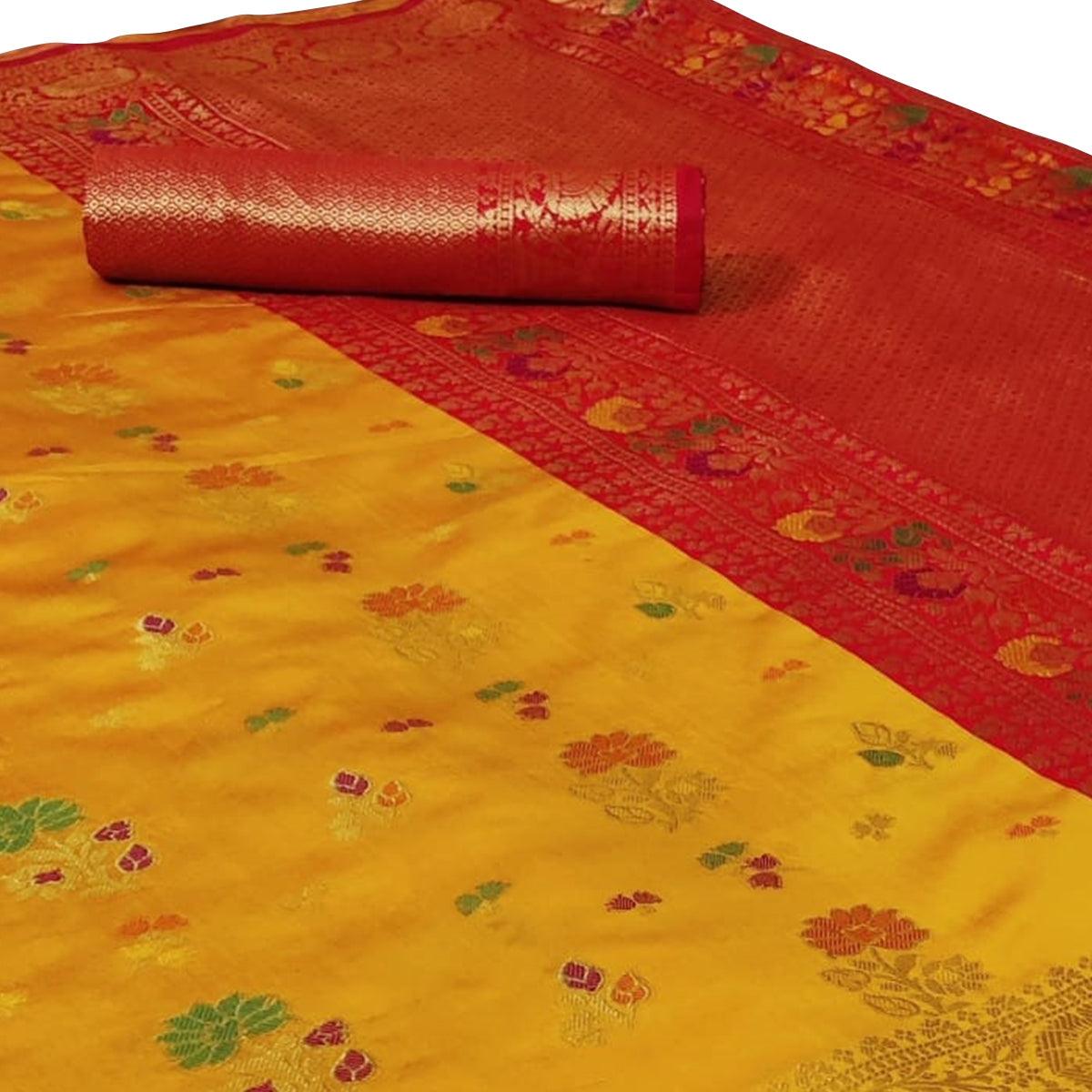 Capricious Yellow Colored Festive Wear Woven Silk Saree