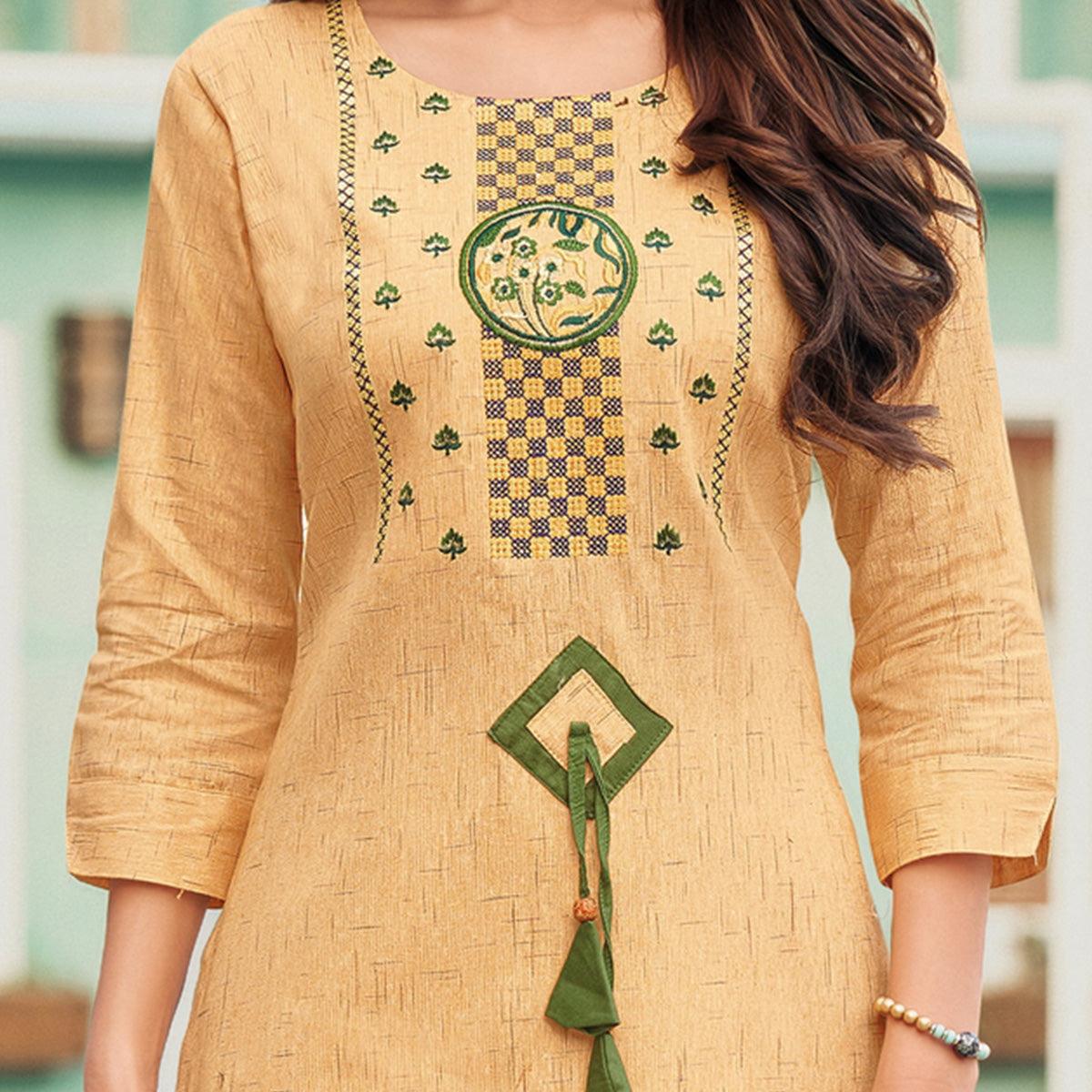 Capricious Yellowish Beige Colored Casual Wear Embroidered Heavy Pure Cotton Kurti